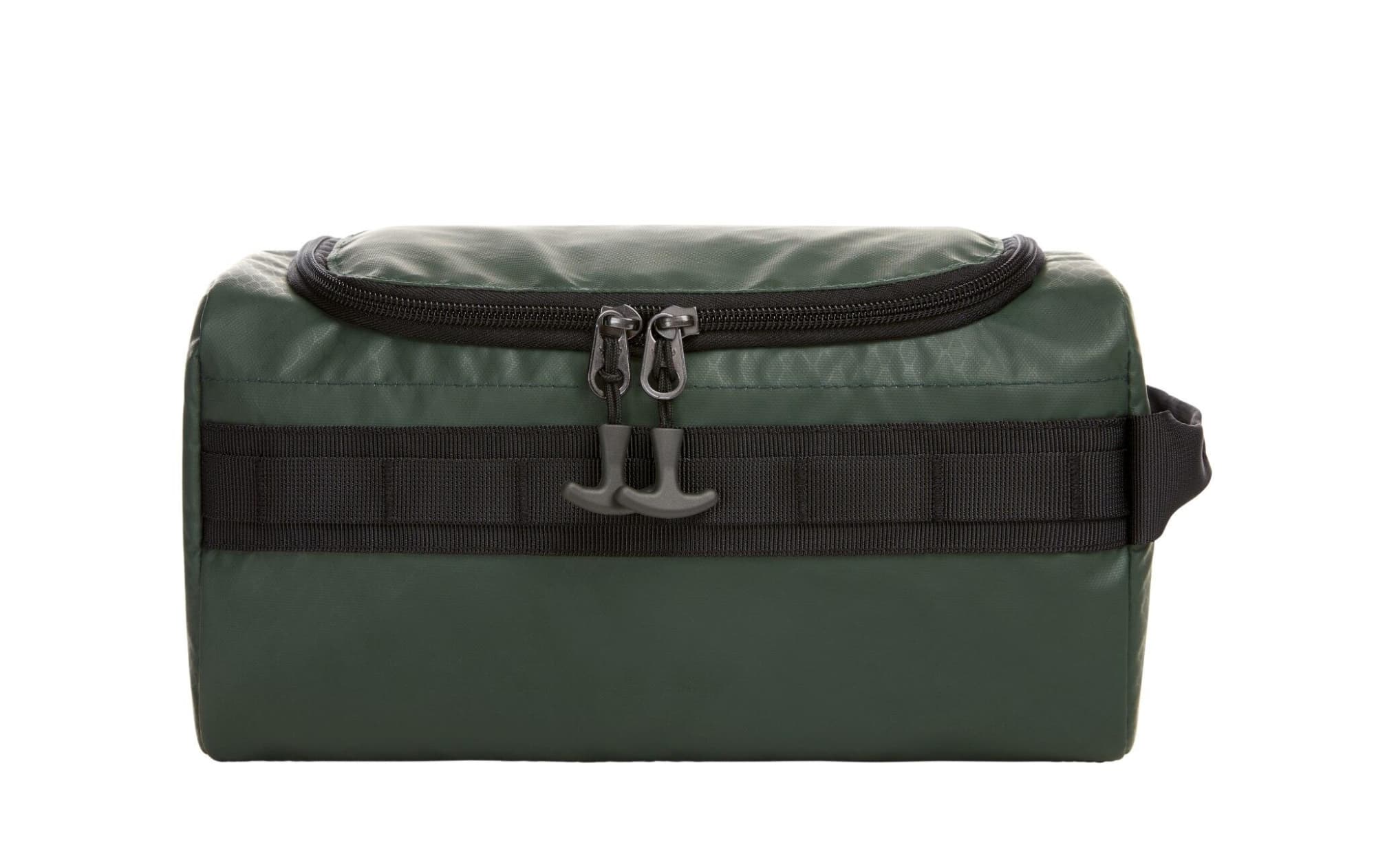 A green wash bag with a zippered closure and black strap detailing, featuring a logo on the front.
