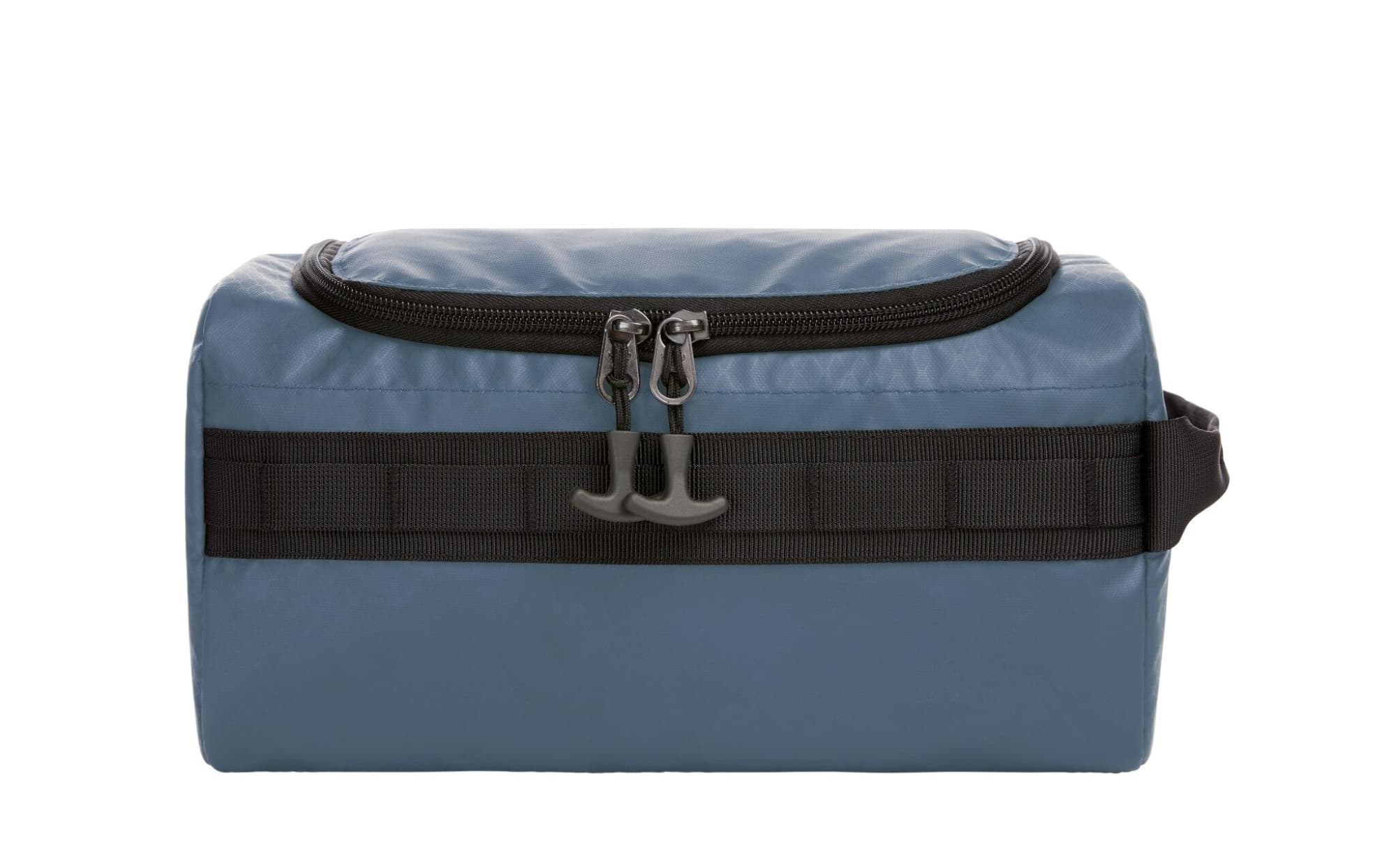 A blue toiletry bag with a zip closure and a black strap detailing, featuring a logo.