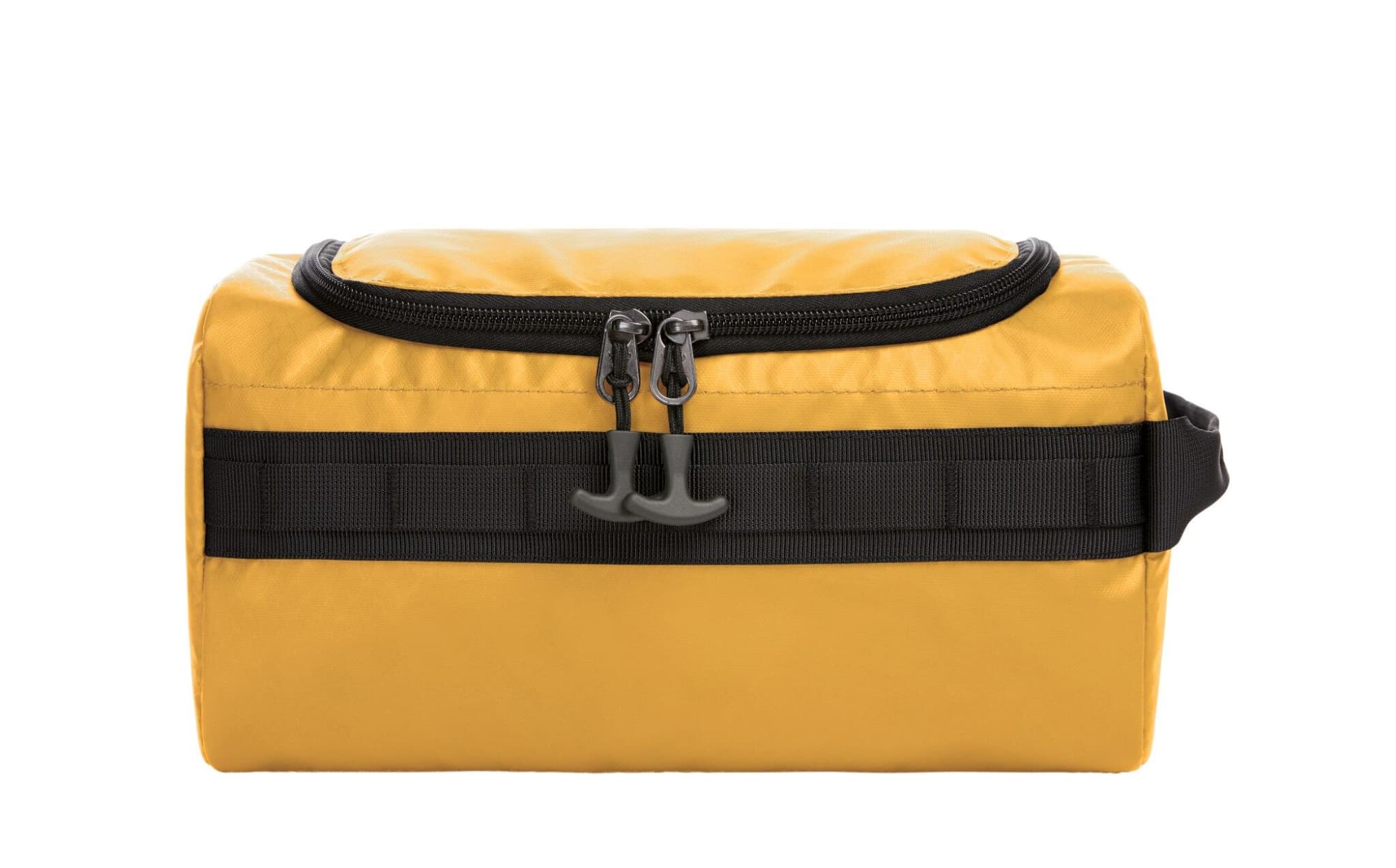 A yellow toiletry bag with a black strap and zipper, featuring a small logo on the front.