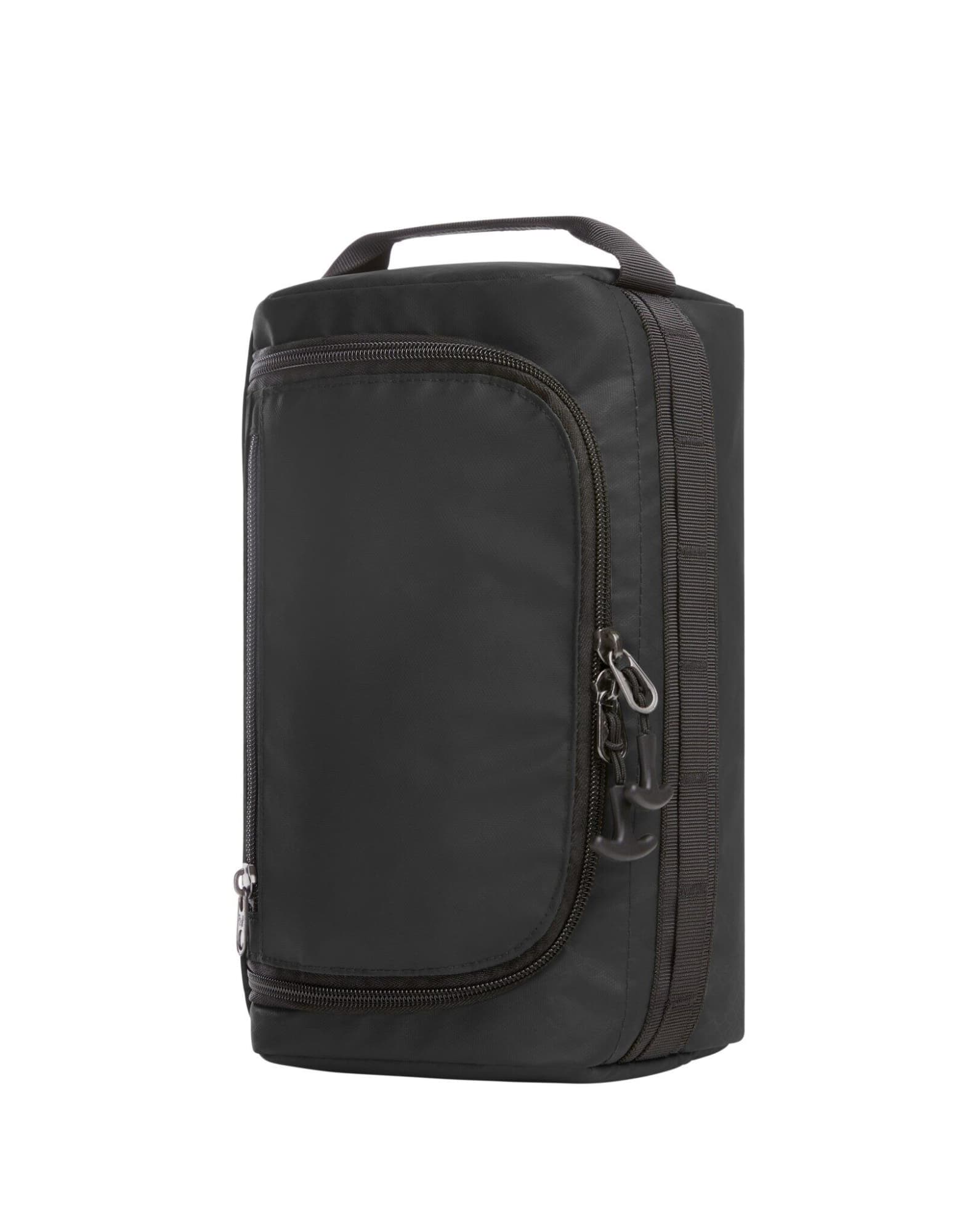 A black toiletry bag with a zippered compartment, featuring a handle and a simple design. It includes a logo.