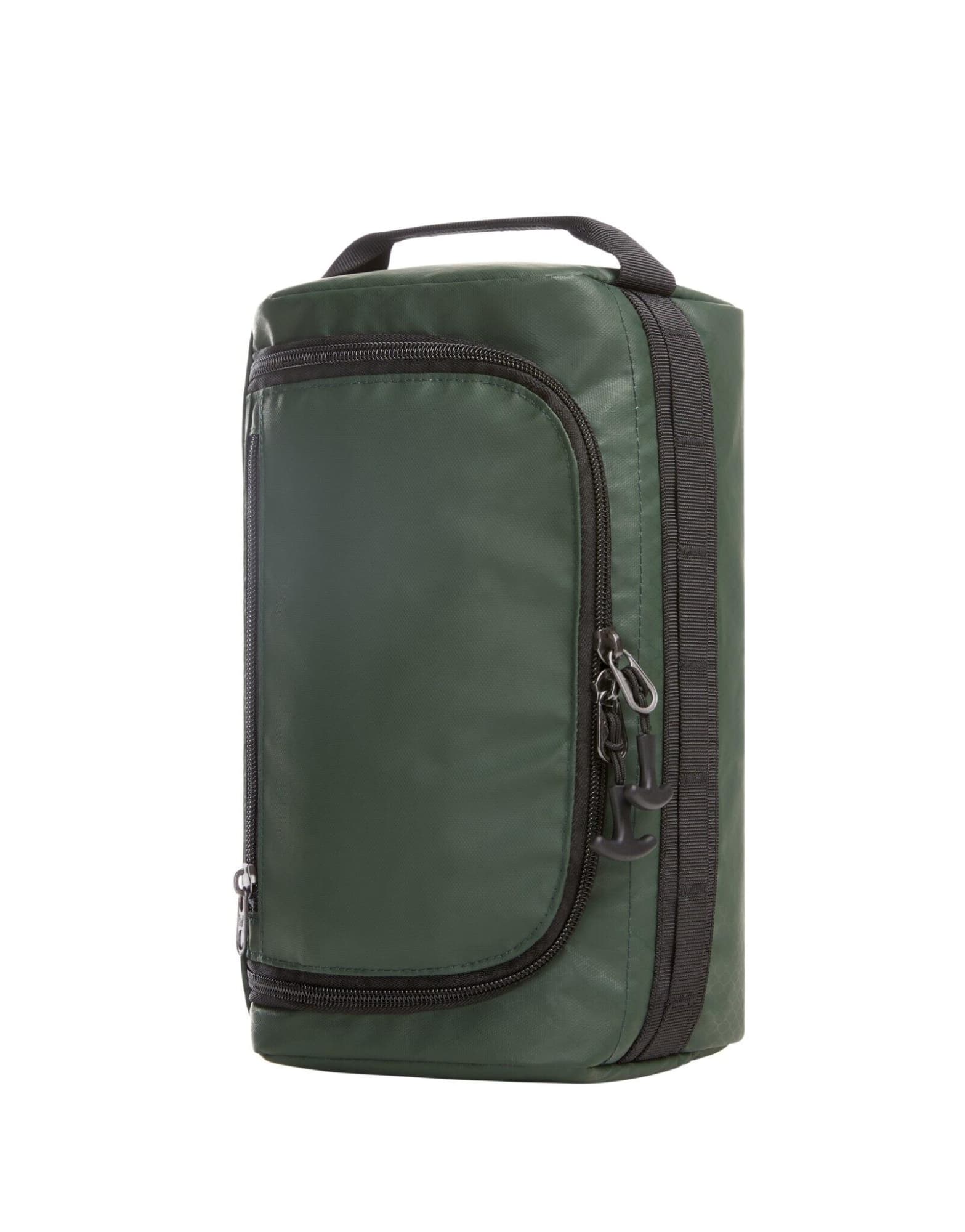 A green wash bag with a zippered front pocket and a handle on top. It features a logo on the side.