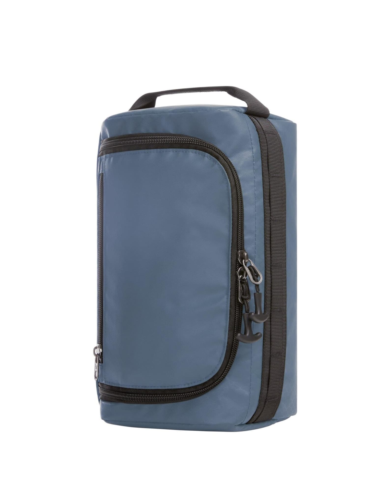 A blue toiletry bag with a zippered compartment and a handle, featuring a logo on the front.