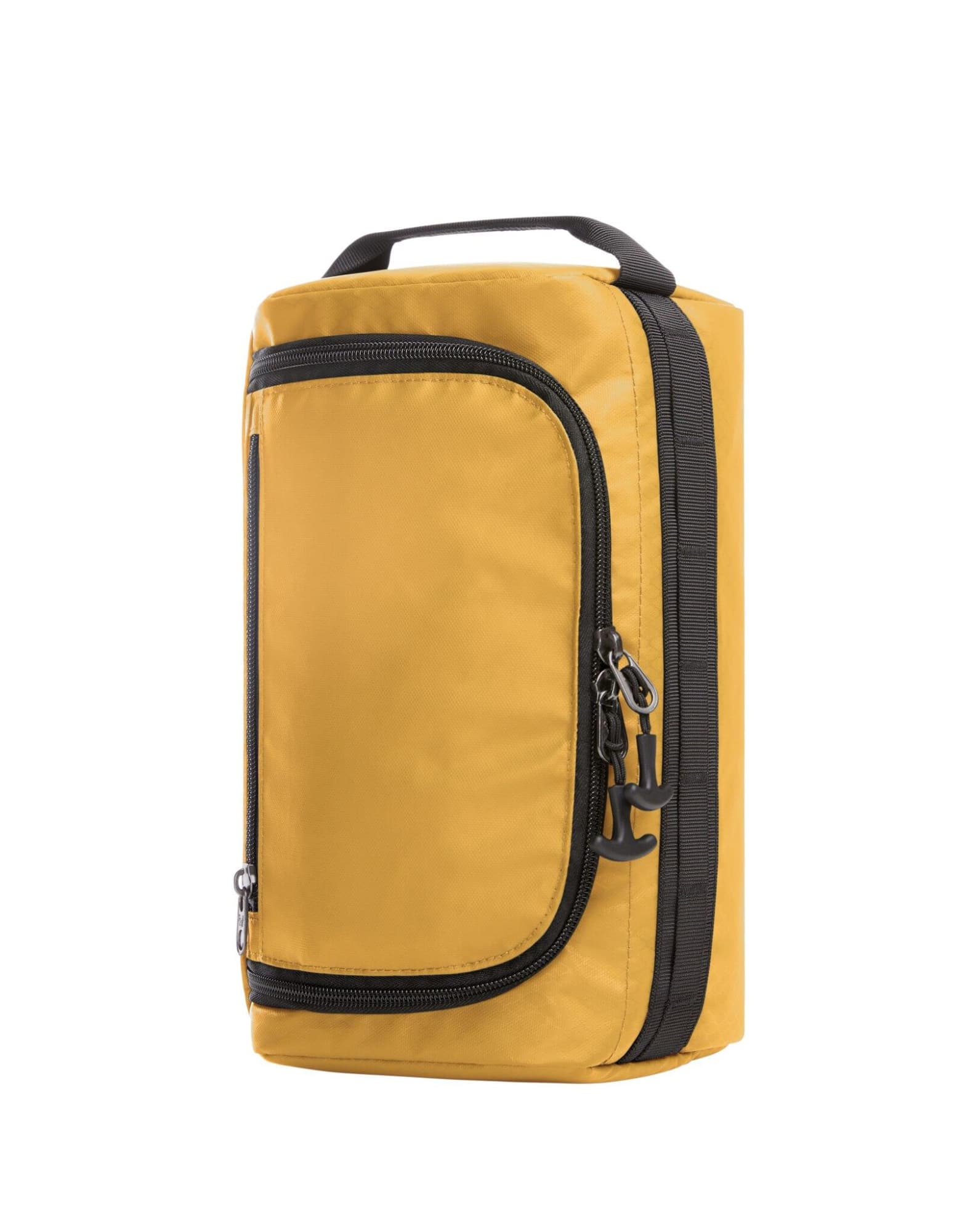 An active wash bag in mustard yellow with a zippered front pocket and a sturdy handle on top.