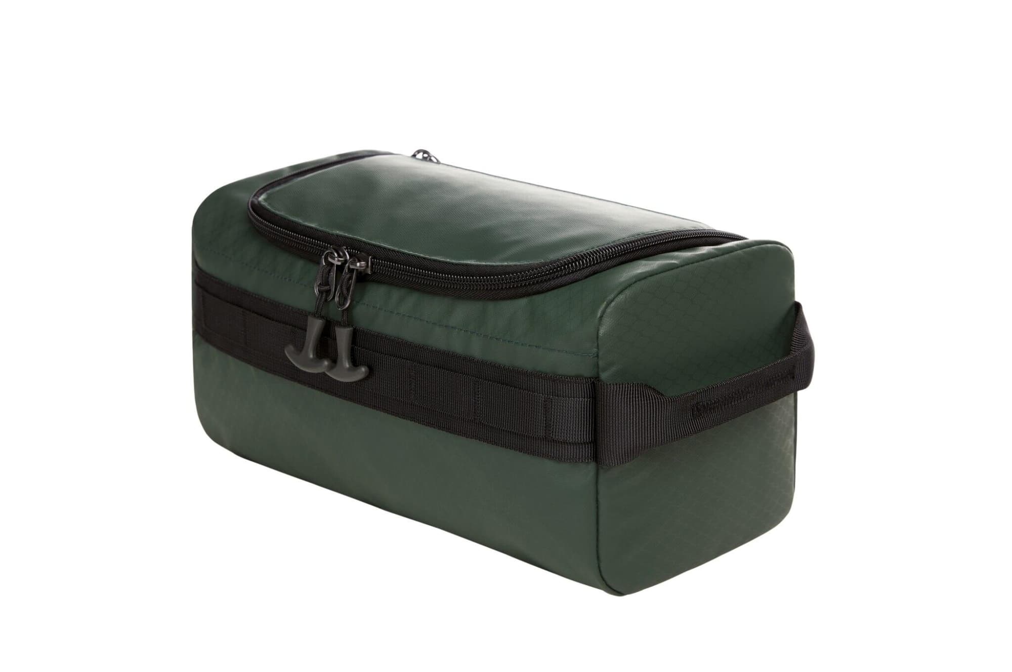 A green wash bag featuring a zip closure and a handle, made from durable material, with a logo.