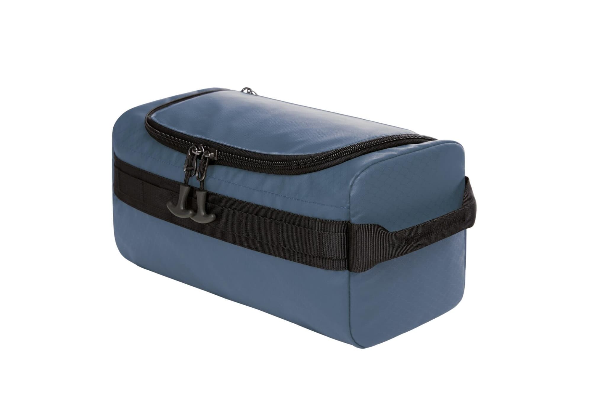 A blue toiletry bag with a black zipper and strap. It features a sturdy design and a logo on the side.