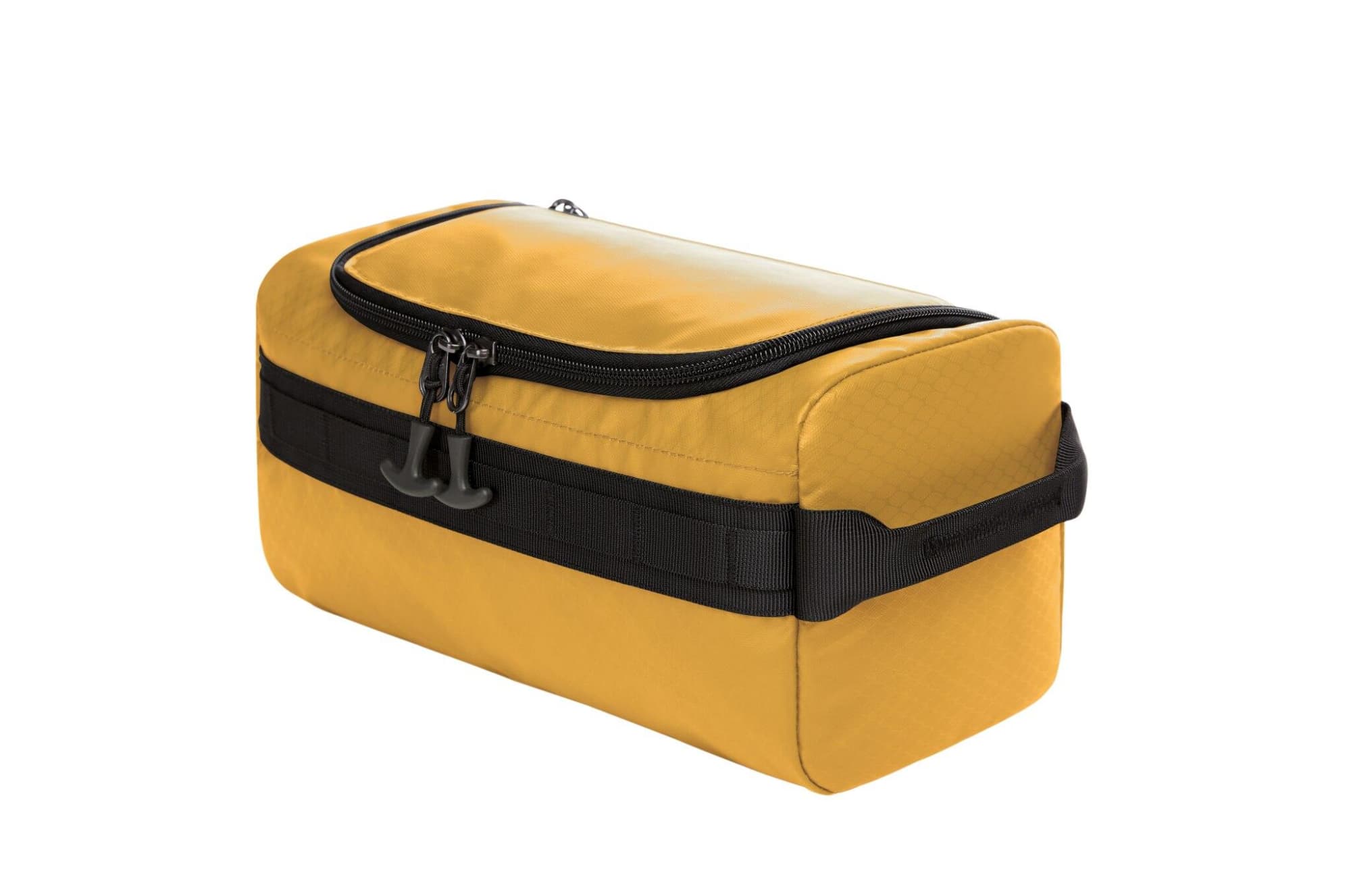 A yellow toiletry bag with a black zipper and strap, featuring a logo, designed for travel.