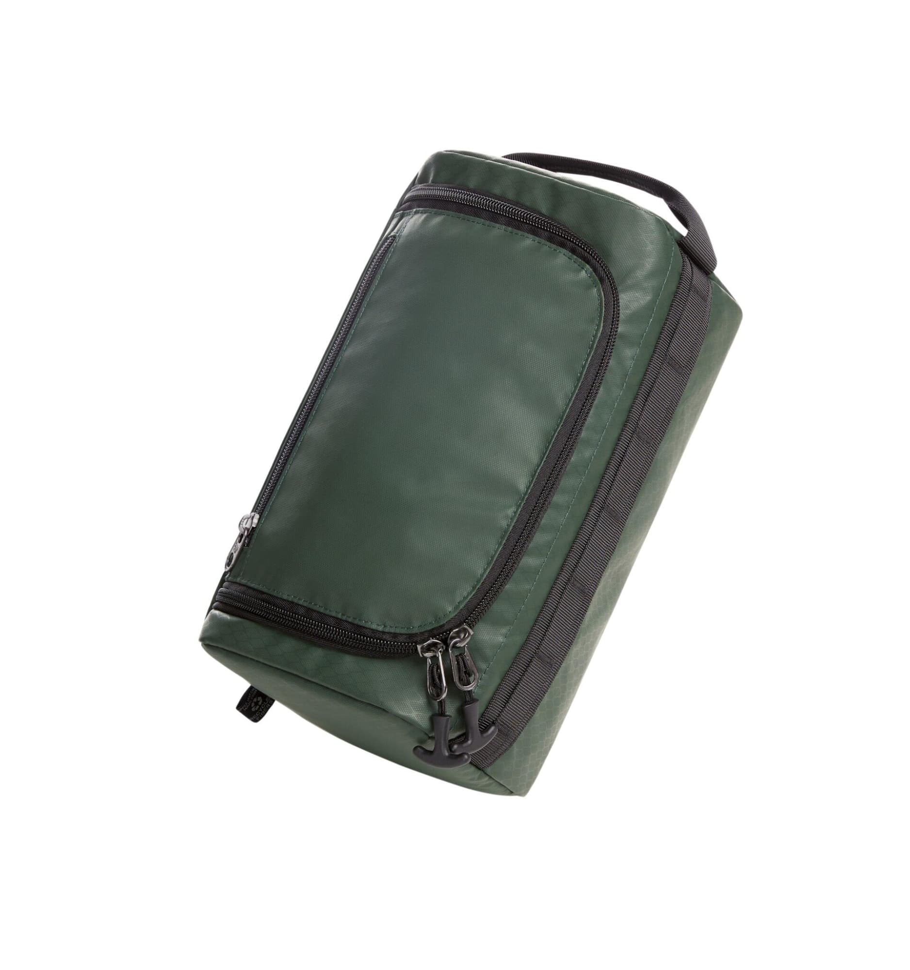 A green wash bag with zippered compartments and a sturdy handle, featuring a branded logo.