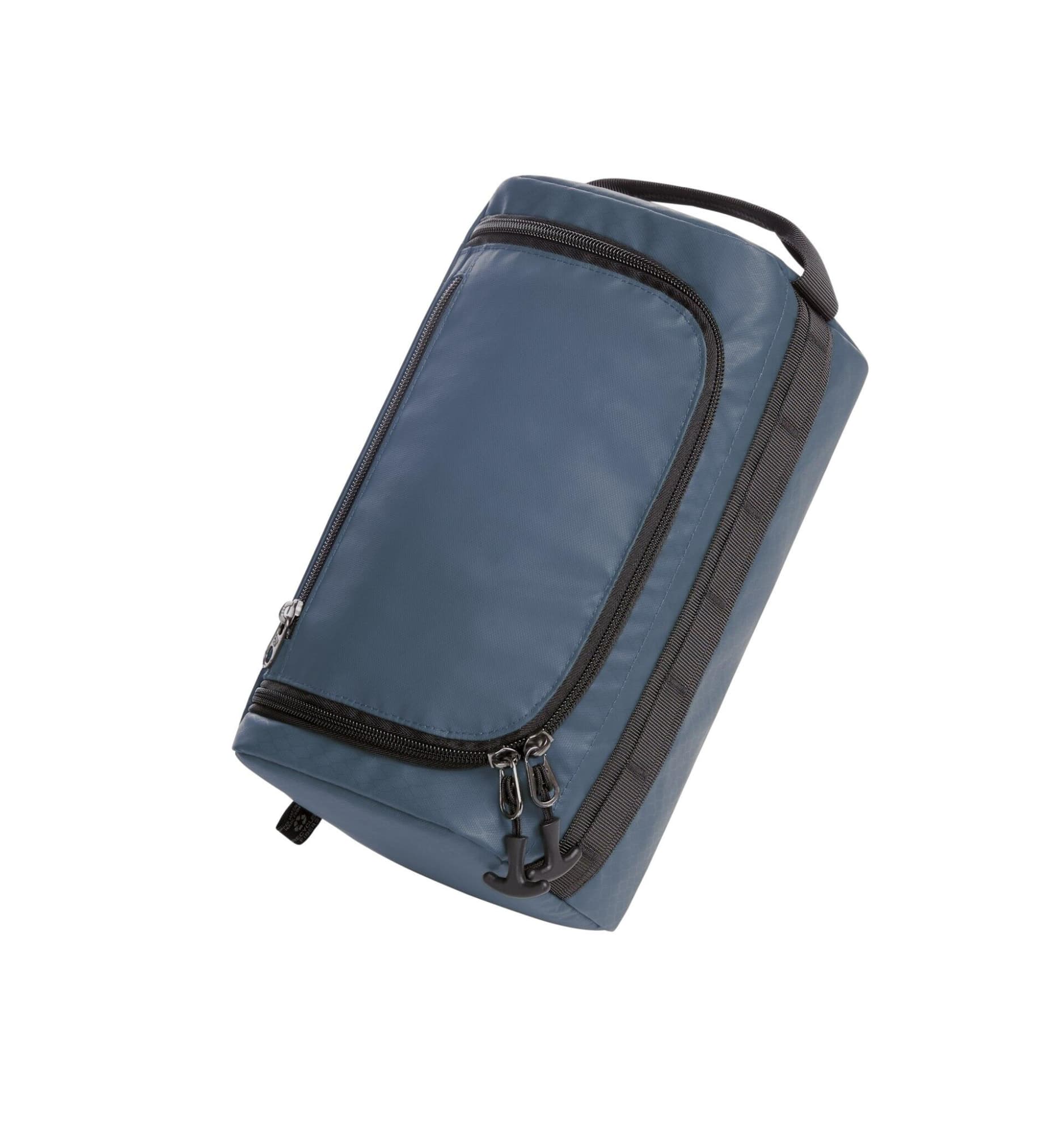 A dark blue toiletry bag with a zip closure and a sturdy handle, featuring a logo on the side.