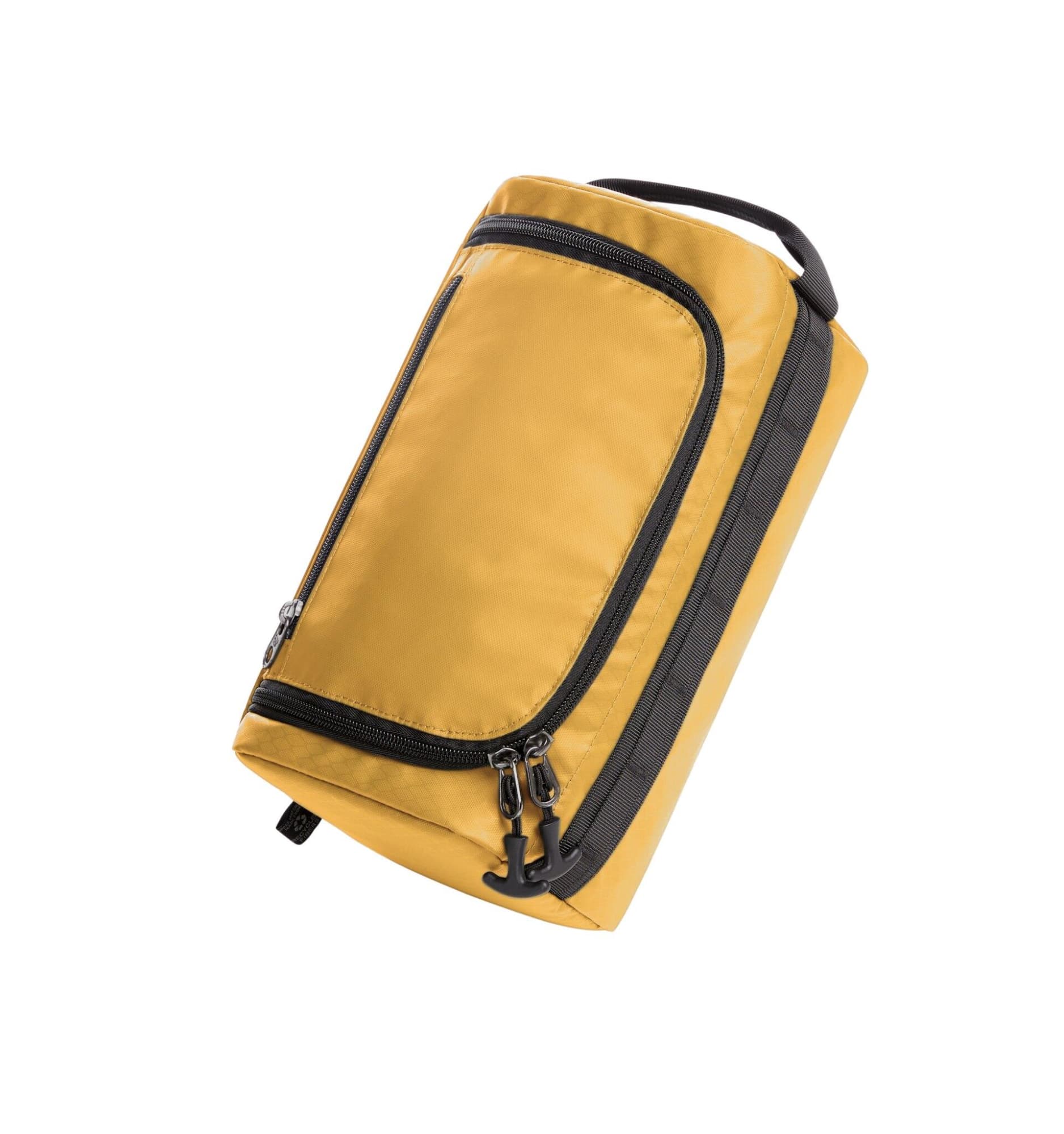 A yellow toiletry bag with a grey zipper and handle, featuring a front pocket and a logo.