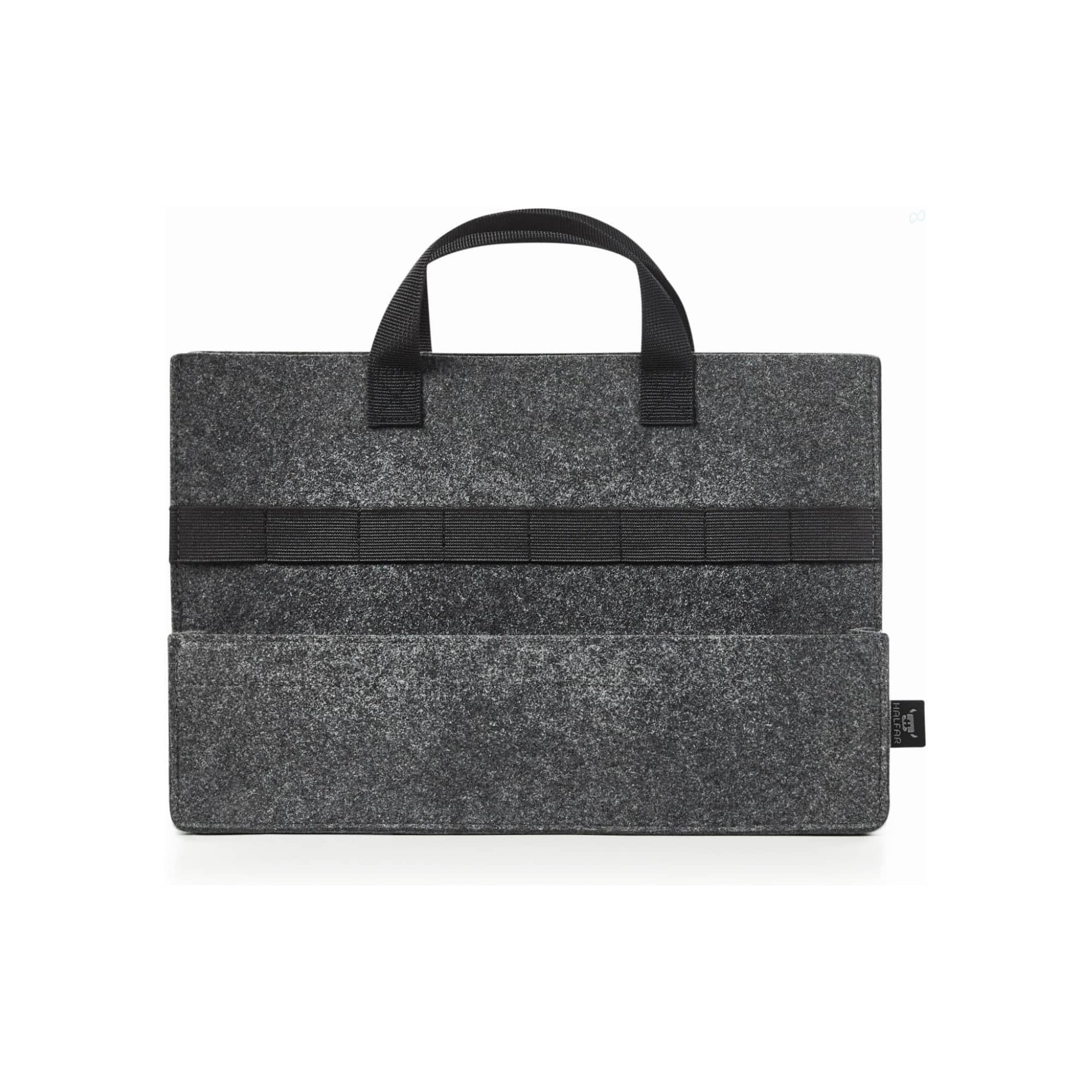 A grey felt bag with black handles and multiple elastic loops. It has a large flat pocket at the base.