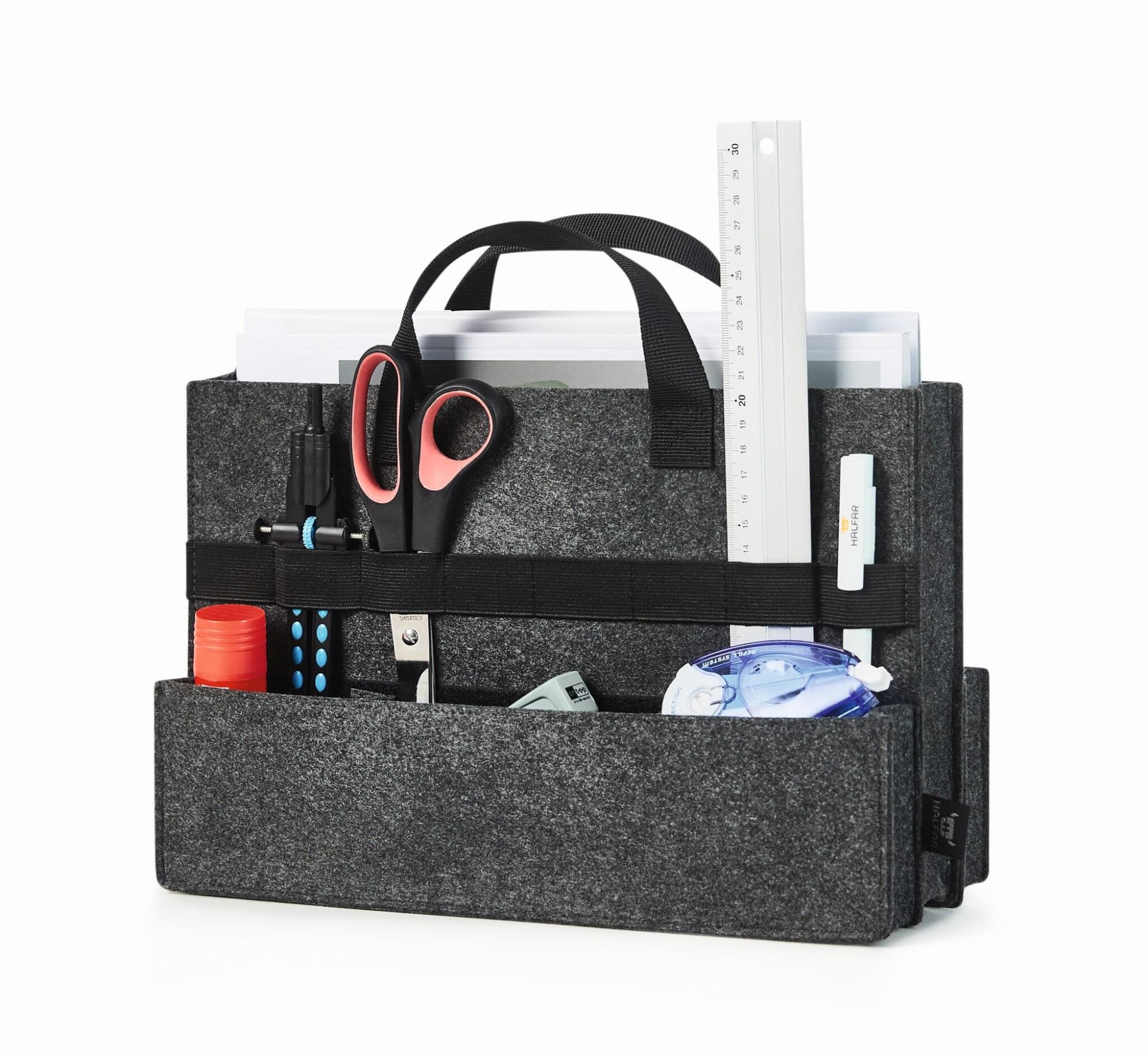 A grey felt bag featuring pockets filled with scissors, stationery, a ruler, and various office supplies.