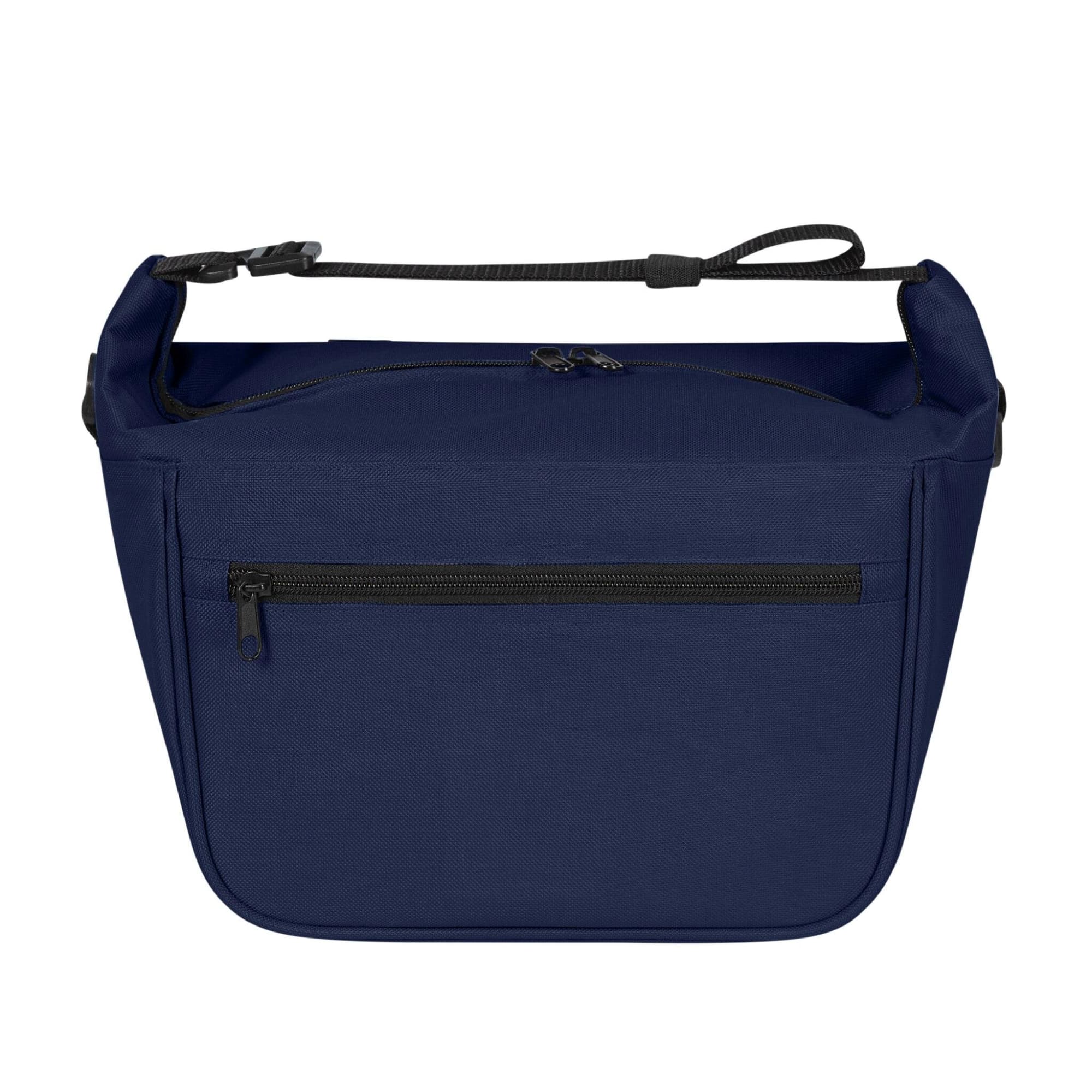 A navy blue lunch bag with a zippered pocket and a carry handle, featuring a logo.