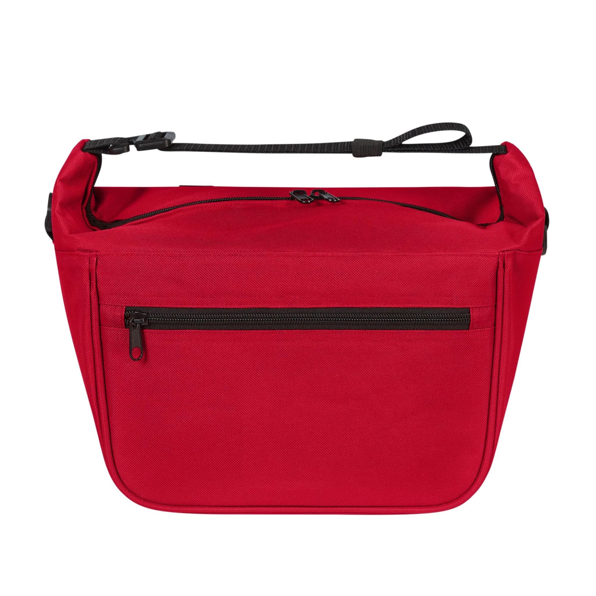 A red Softbasket Lunchbag featuring a zippered front pocket and a handle for easy carrying.