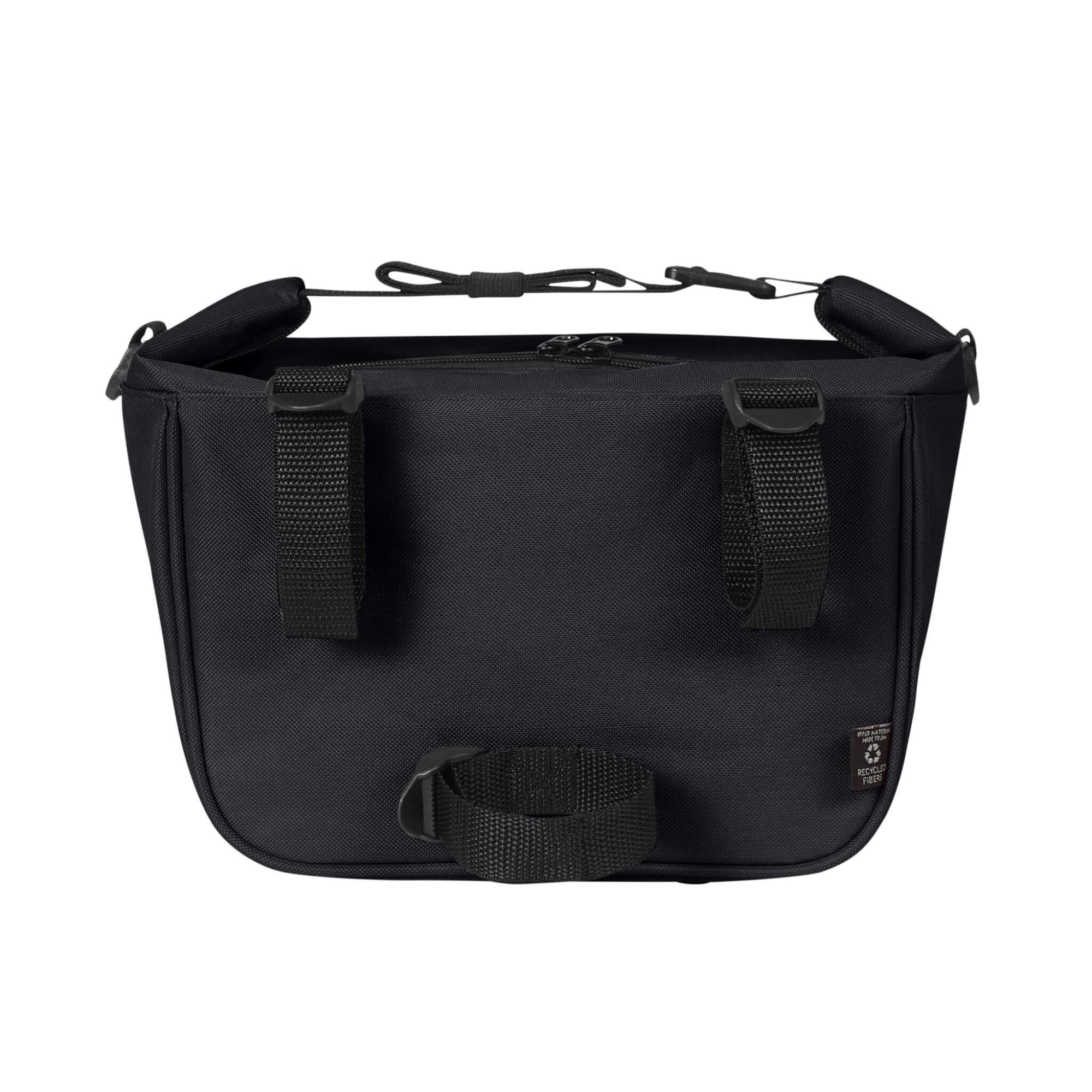 A black Softbasket Lunchbag with two handles and a strap for easy carrying, featuring a zippered closure.