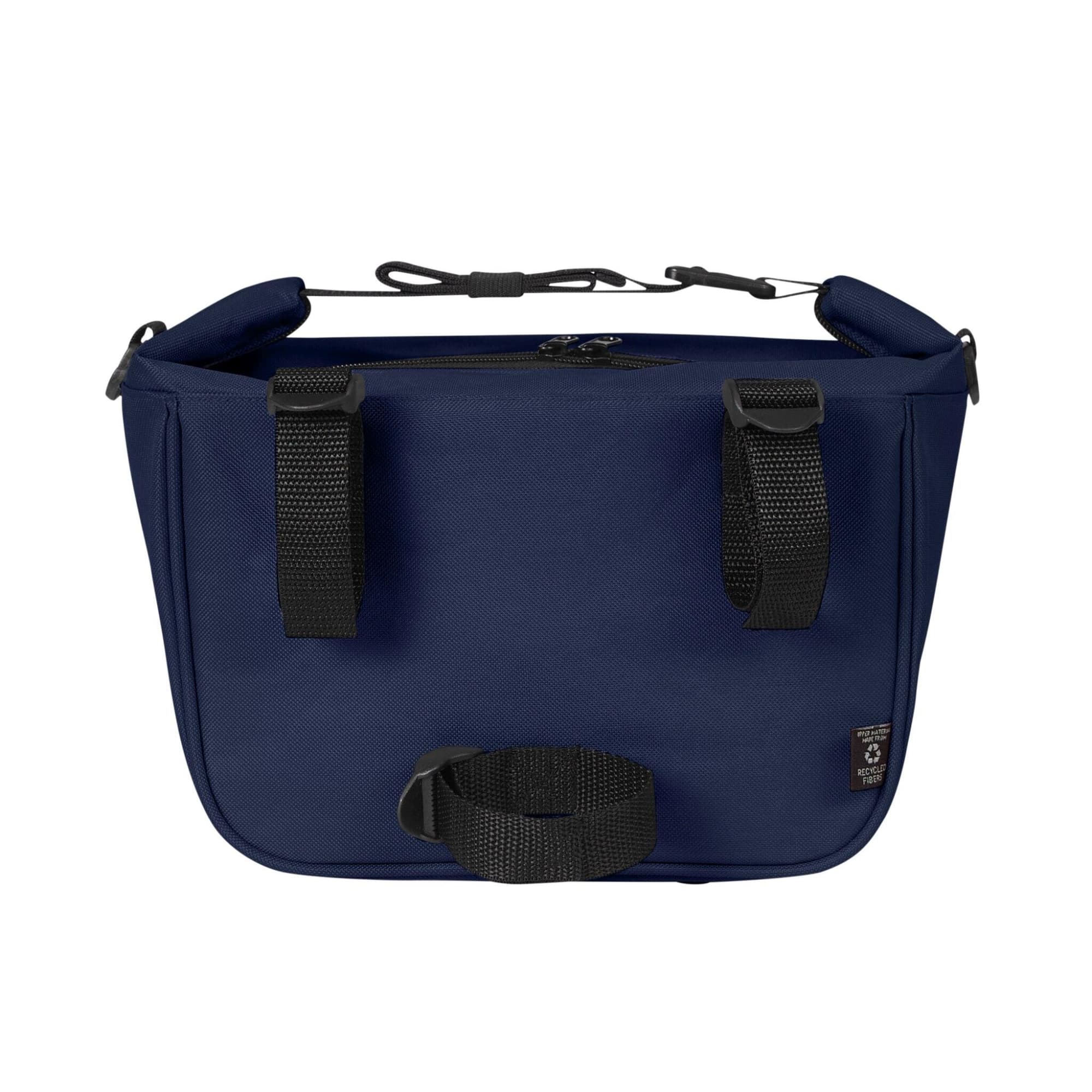 A navy lunch bag with black straps and a top zipper, featuring a logo on the front.