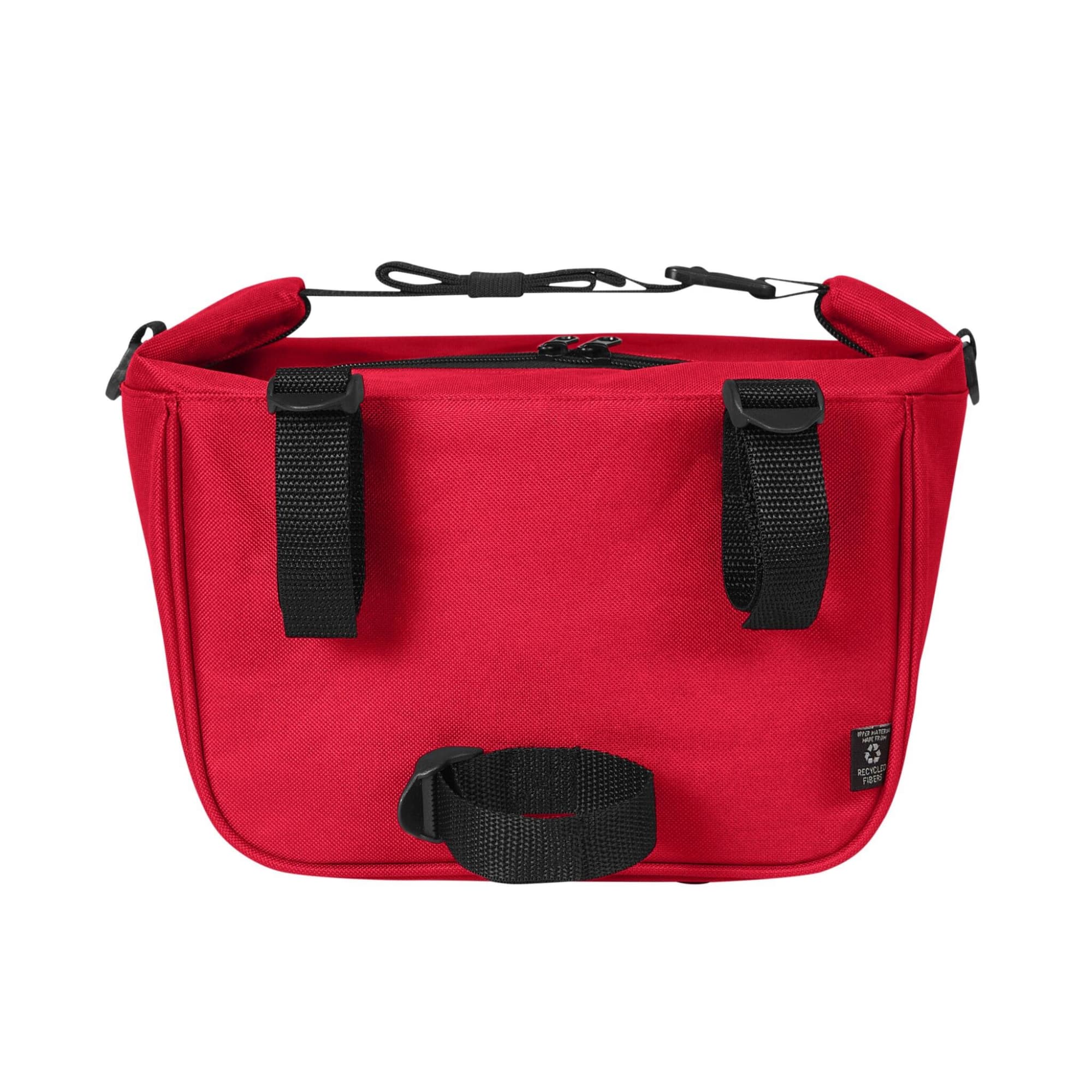 A red Softbasket lunch bag featuring adjustable straps and a handle, with a simple design and a logo.