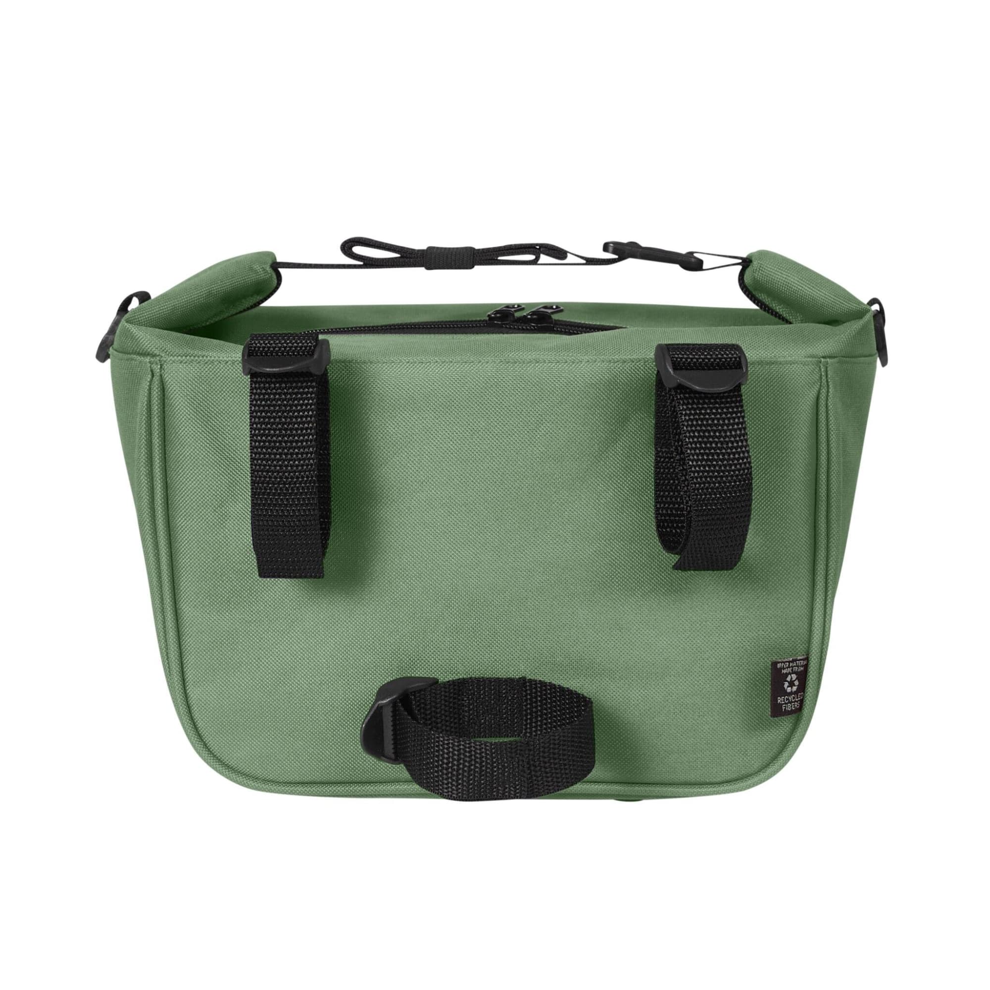 A green Softbasket Lunchbag with adjustable straps and a handle, featuring a zippered closure and a logo.