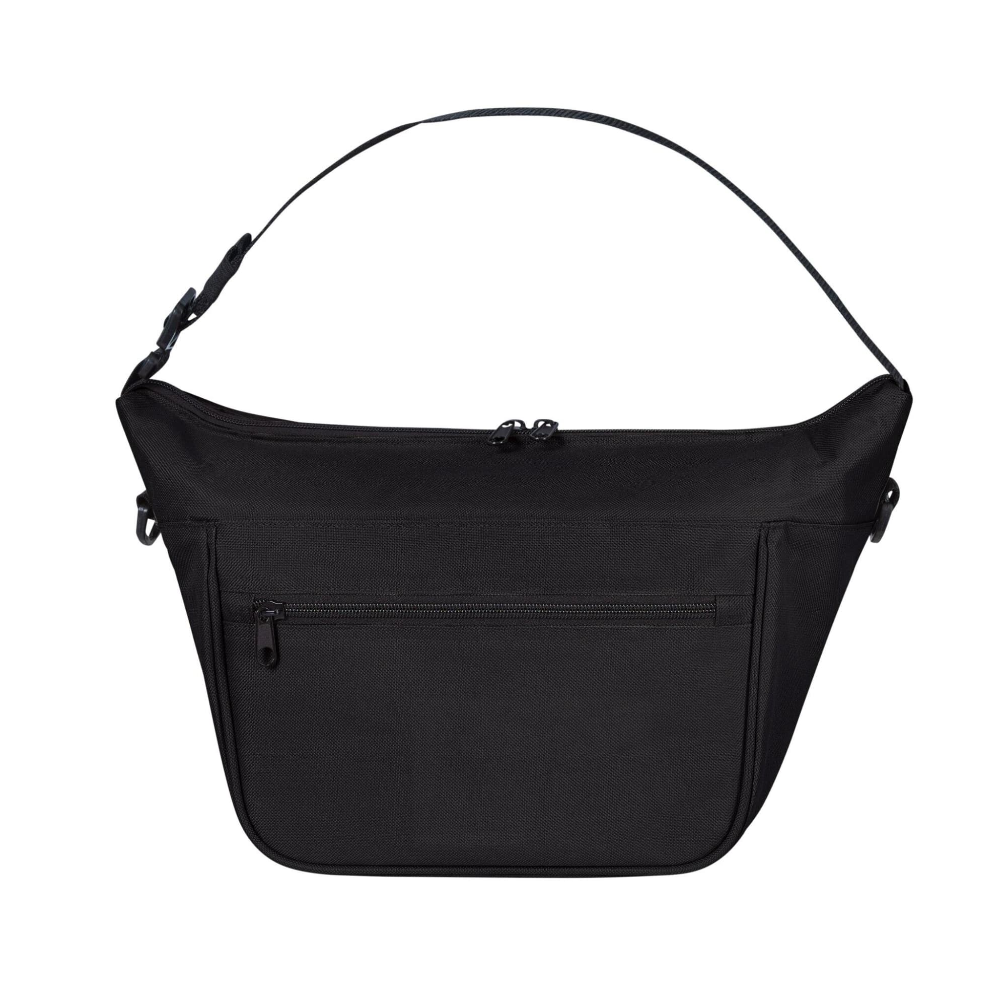 A black lunch bag with a main zippered compartment and an additional front pocket, featuring an adjustable shoulder strap.