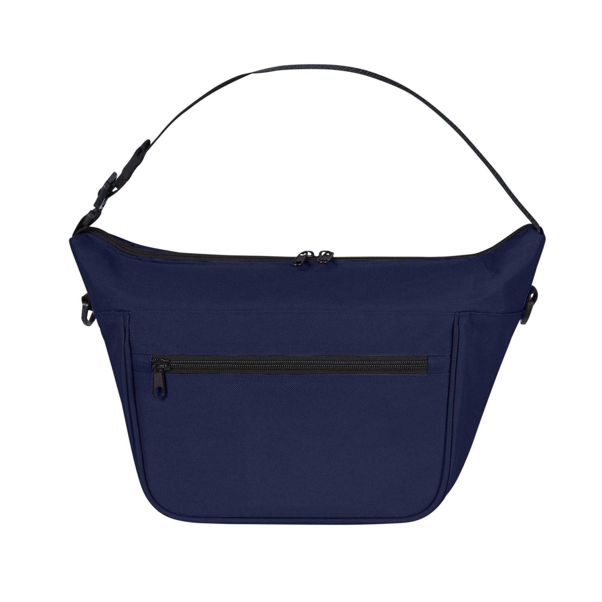 A navy blue lunch bag with a zippered closure and an additional zippered pocket on the front. It has a shoulder strap and a logo.
