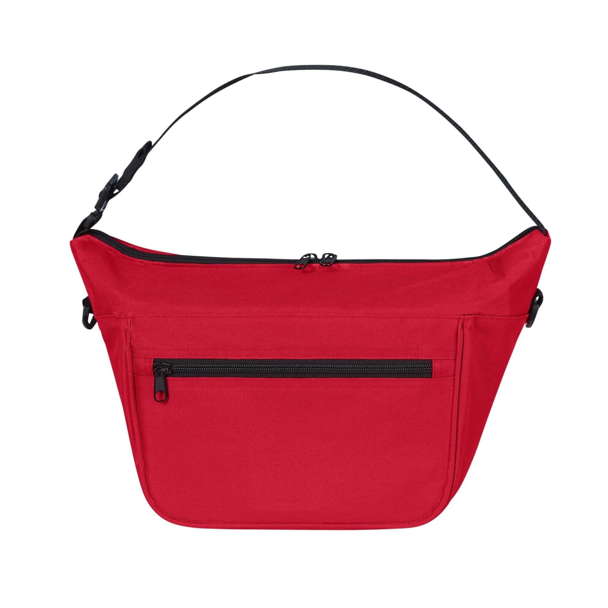 A red lunch bag with a zippered compartment and a black strap. It features a front pocket and has a logo.
