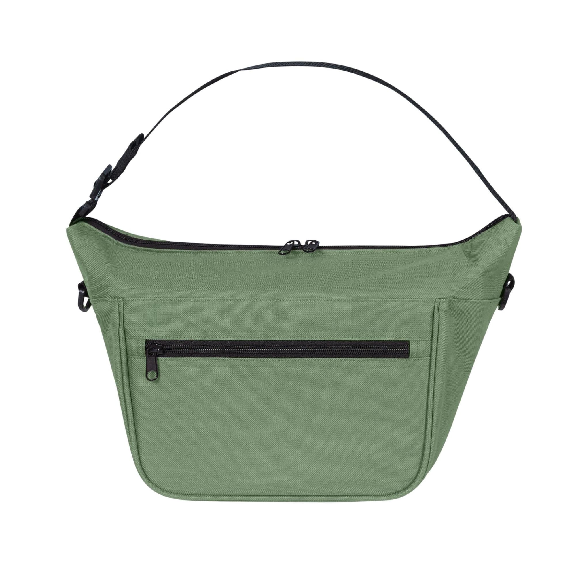 A green Softbasket Lunchbag featuring a zippered main compartment and a front pocket. It has an adjustable shoulder strap.