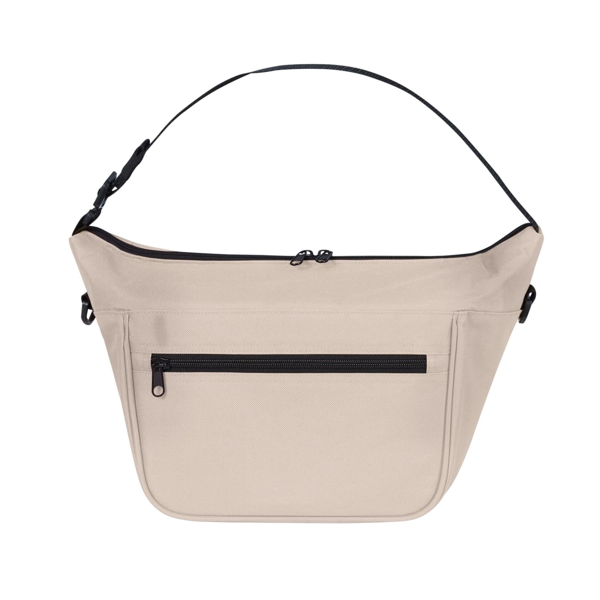 A beige Softbasket Lunchbag with a black zippered pocket and an adjustable shoulder strap. It has a logo.