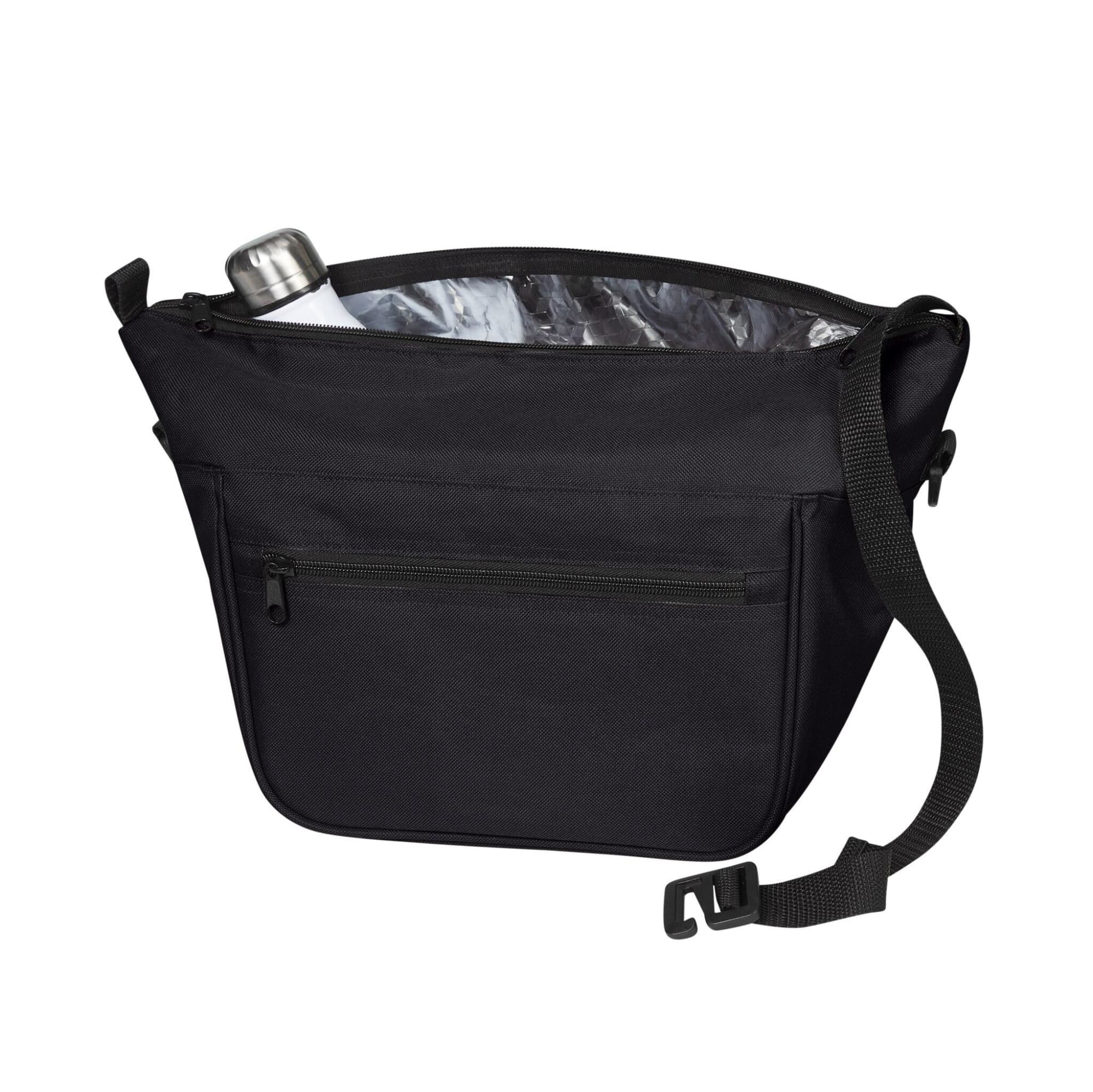 A black lunch bag featuring an insulated interior and a drink bottle inside. It has a shoulder strap and a front pocket.