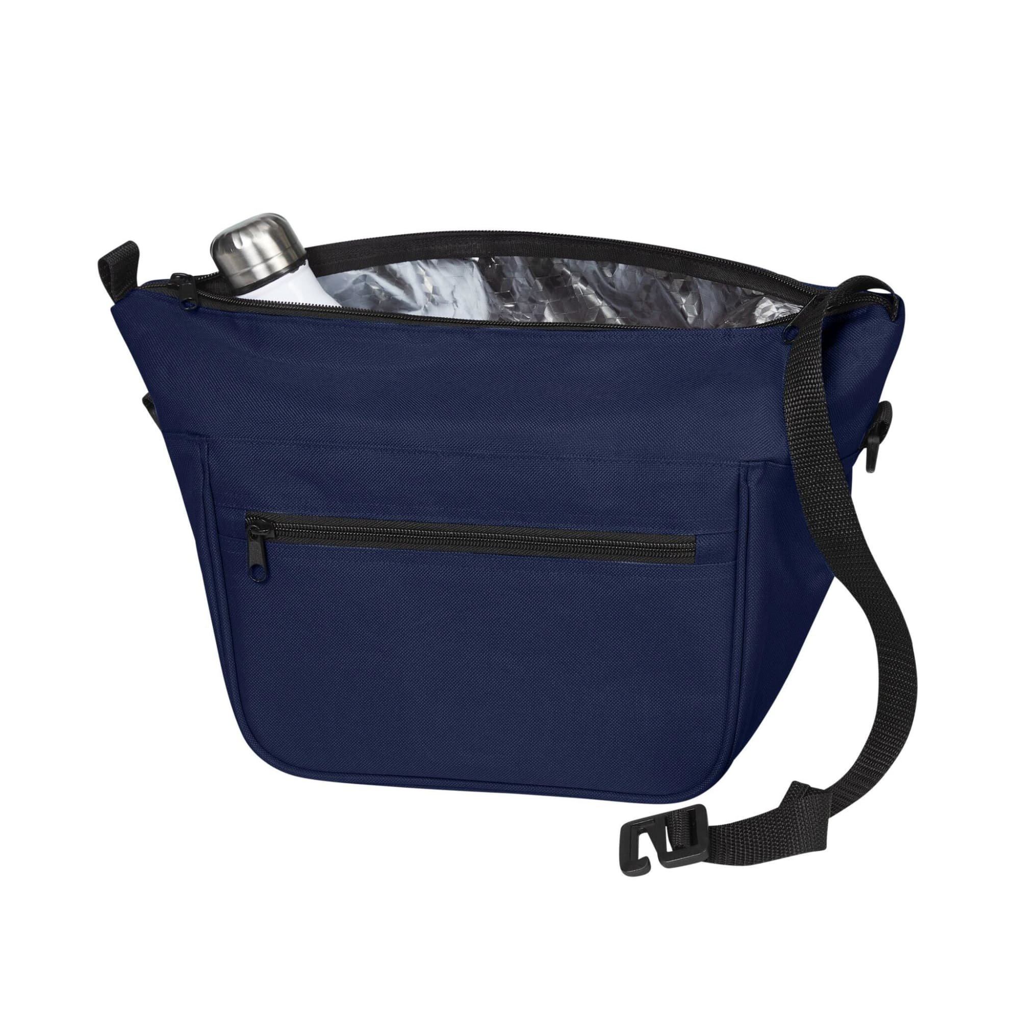 A navy blue lunch bag with a silver lined interior, featuring a front zip pocket and an adjustable strap.
