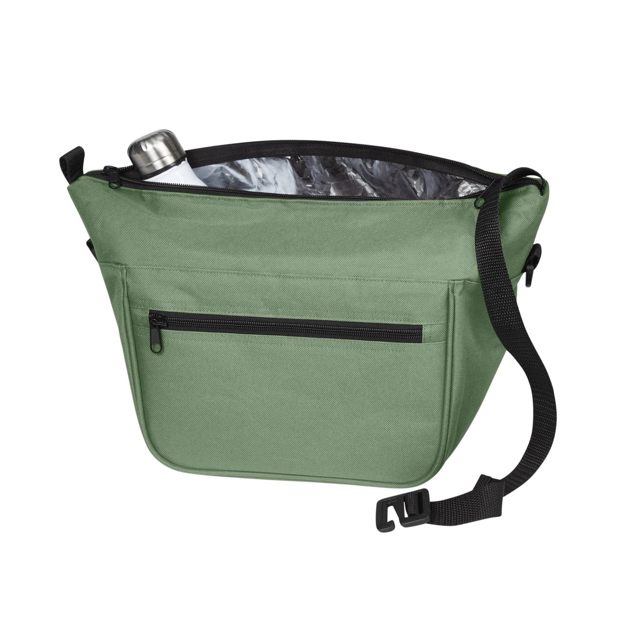 A green Softbasket Lunchbag with a zipped front pocket and a drink bottle inside. It features a shoulder strap and an insulated interior.