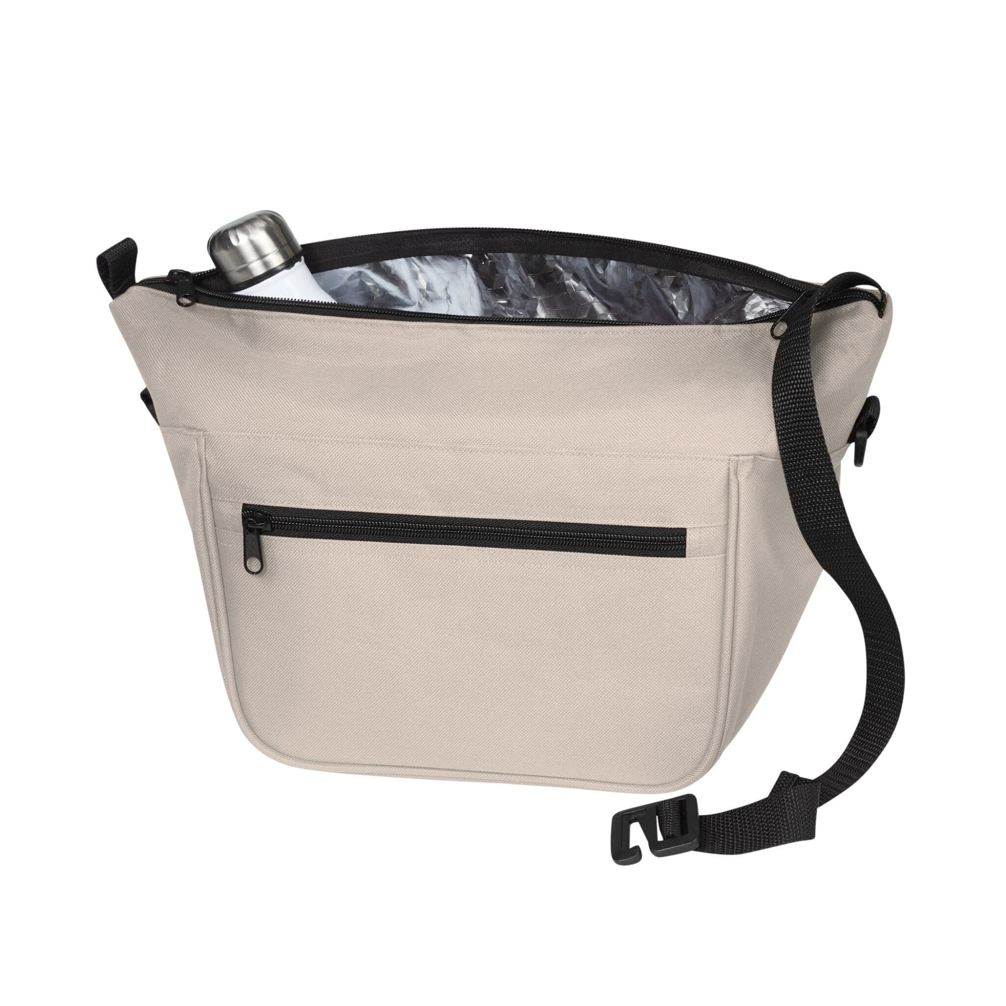 A soft, beige lunch bag with a black strap and exterior zip pocket holding a drink bottle inside.