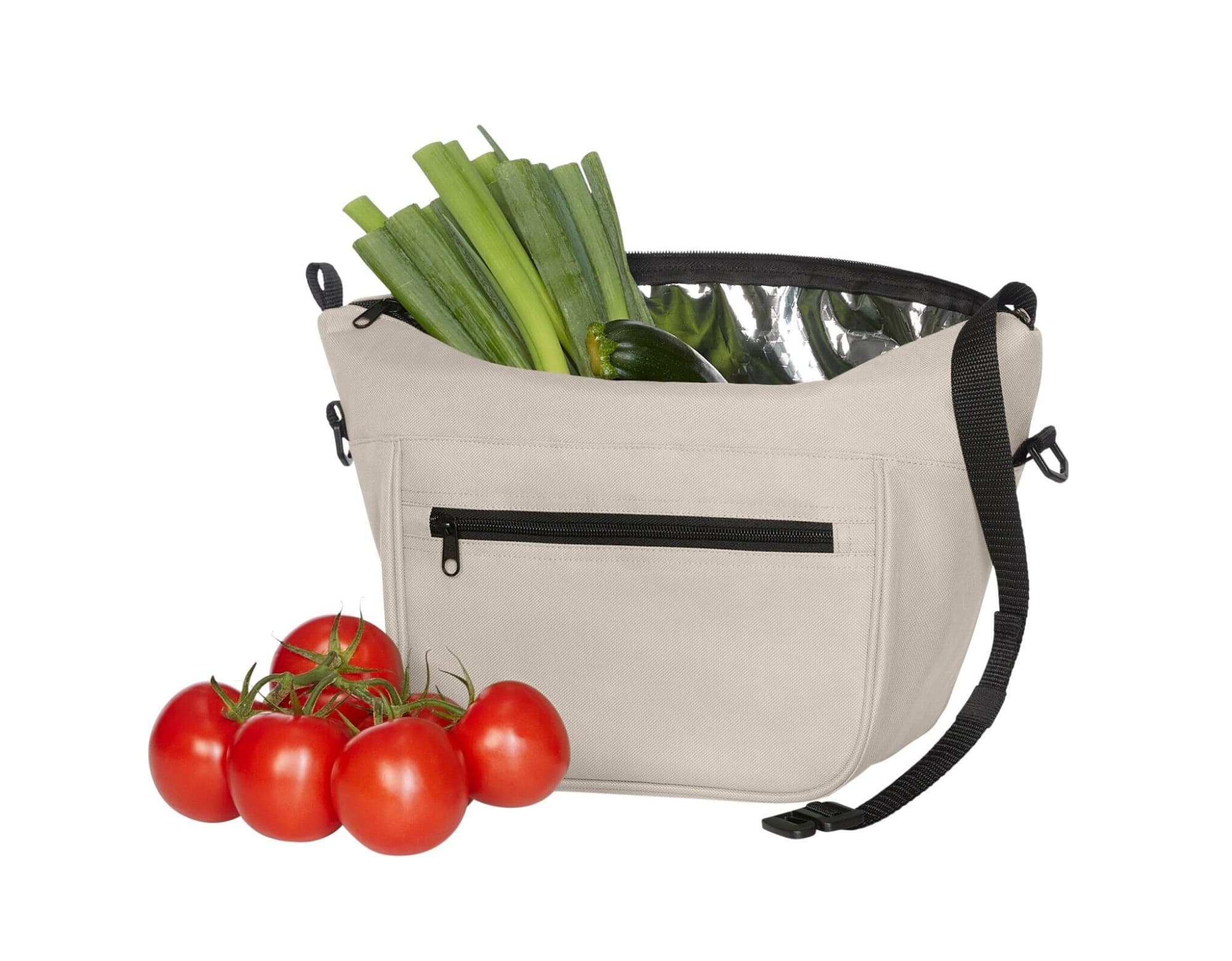 A light grey Softbasket Lunchbag with black accents, featuring vegetables and a zippered pocket.
