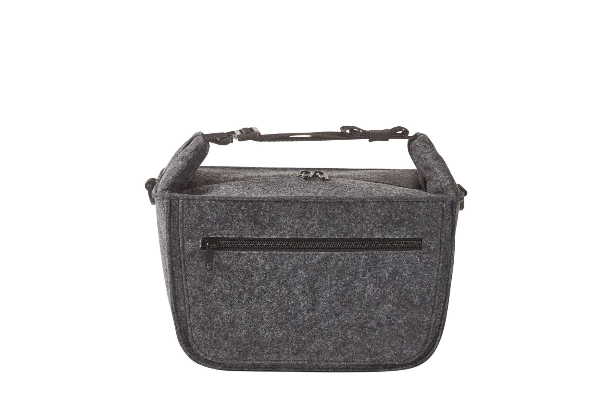 A grey felt lunch bag with a zippered front pocket and sturdy handles. It has a simple, minimalist design.