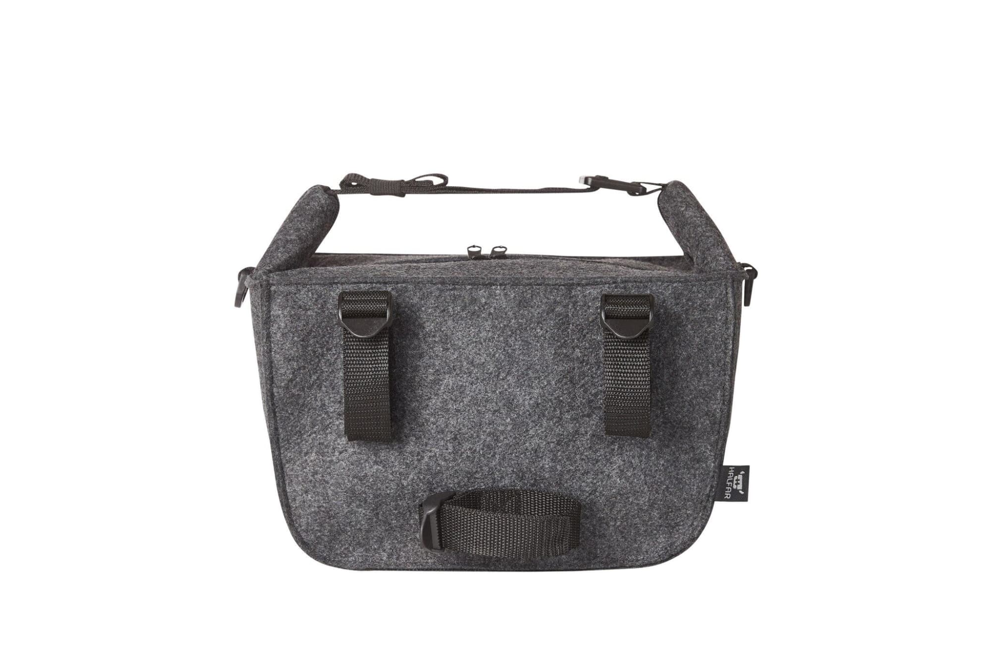 A grey felt lunch bag with black straps and a carrying handle, featuring a zip closure and branding.
