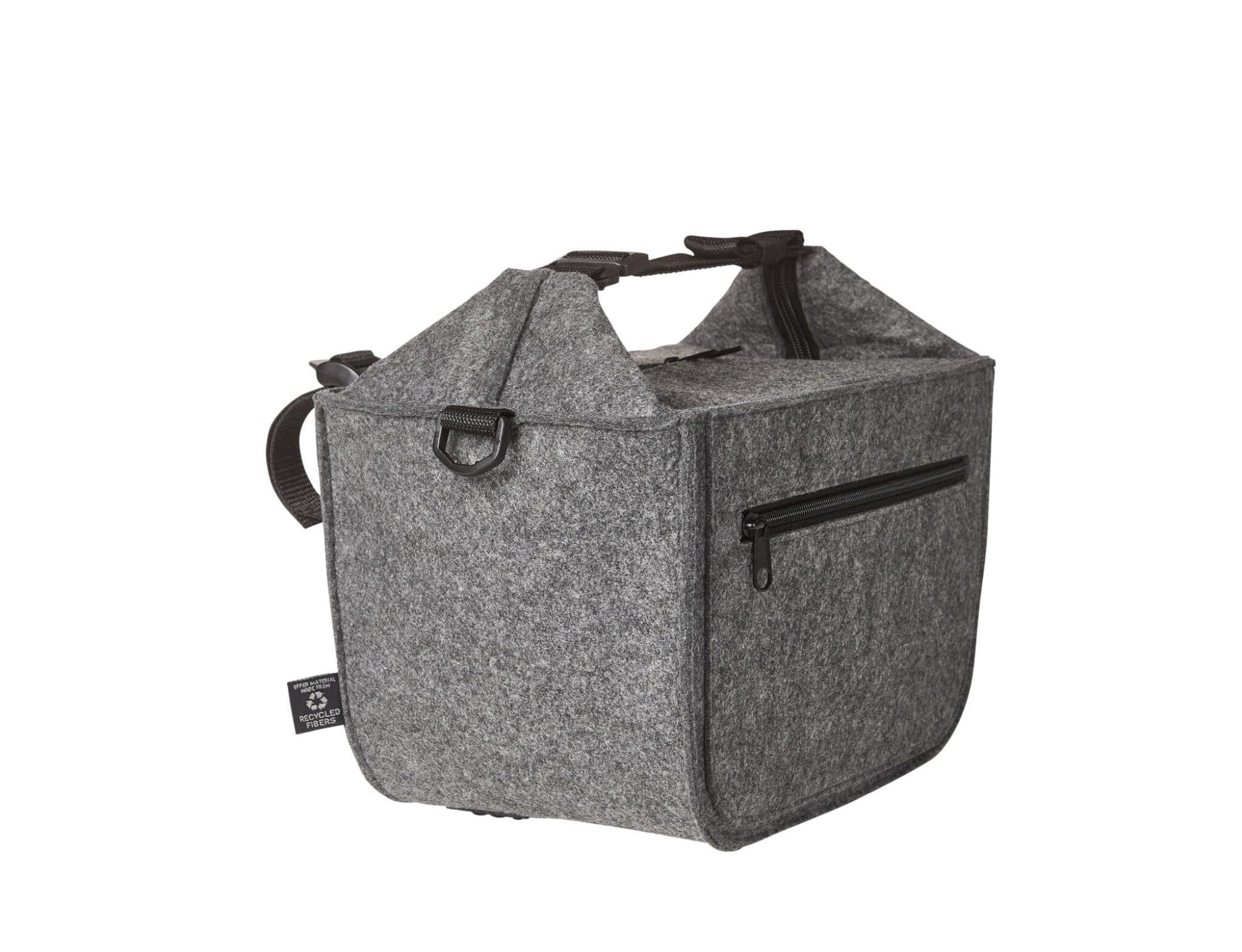 A grey felt lunchbag with dual handles and a zippered front pocket. It features a logo on the side.