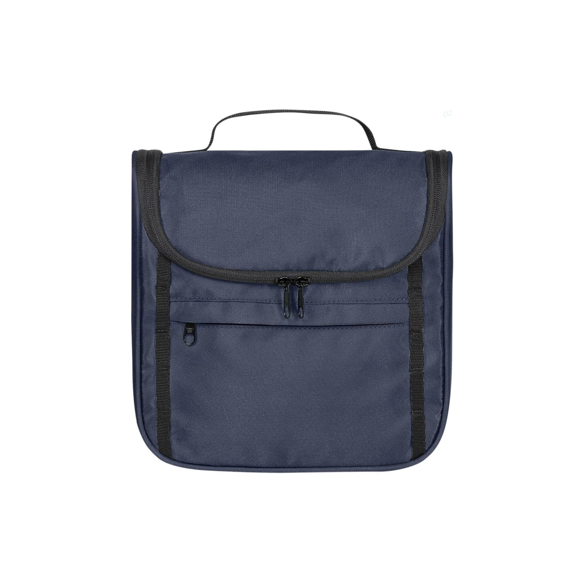 A navy blue toiletry bag with a flap closure, zippered pocket, and a carry handle on top. Features branding.