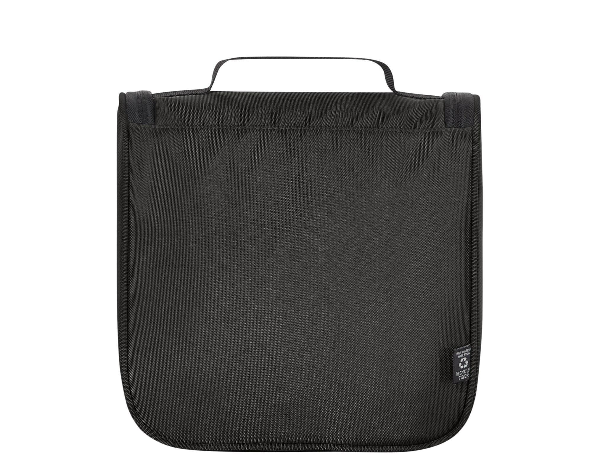 A black Flex Wash Bag with a sturdy handle and a simple design. It features a branding logo on the side.