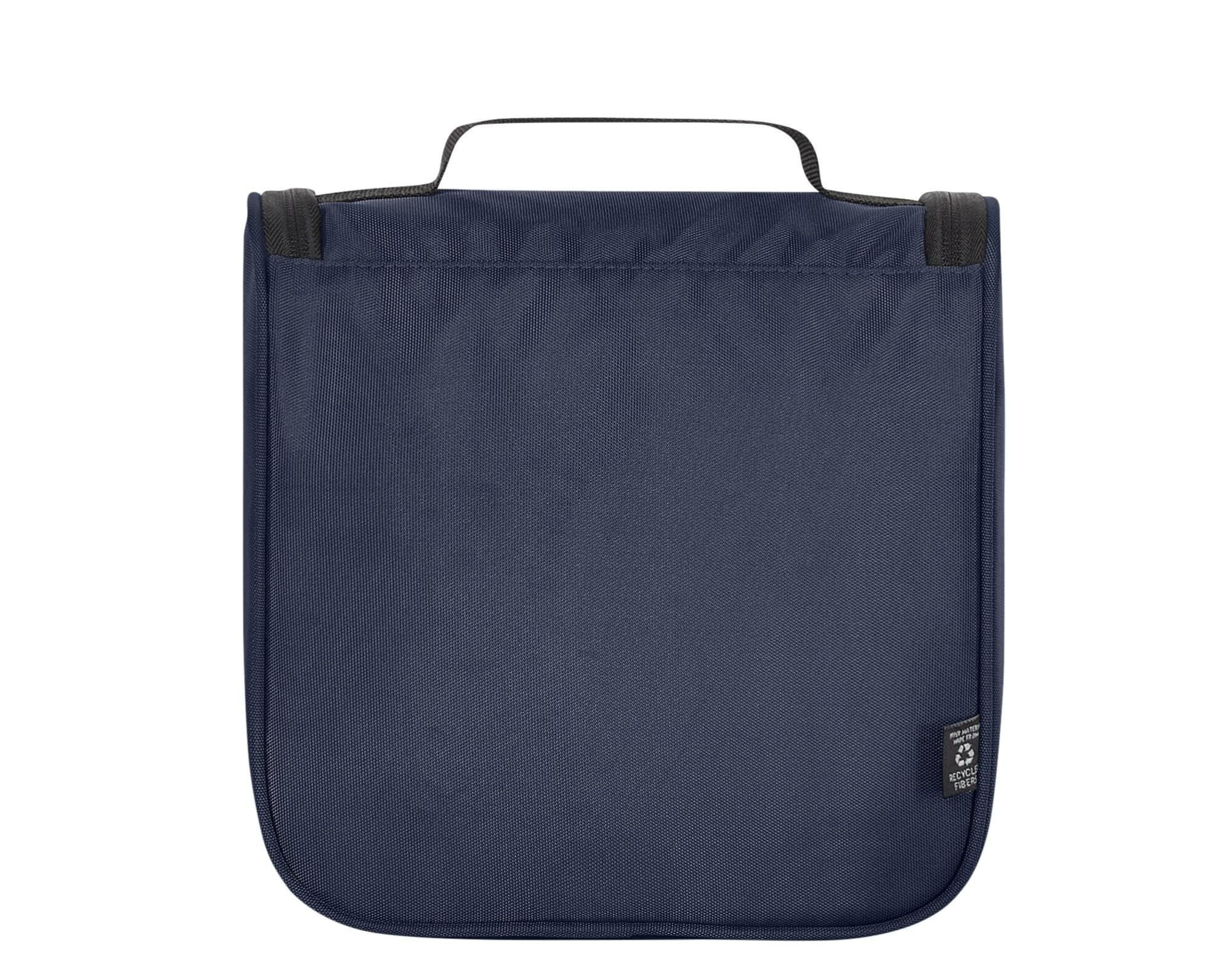 A navy blue toiletry bag with a handle and a subtle logo at the bottom.