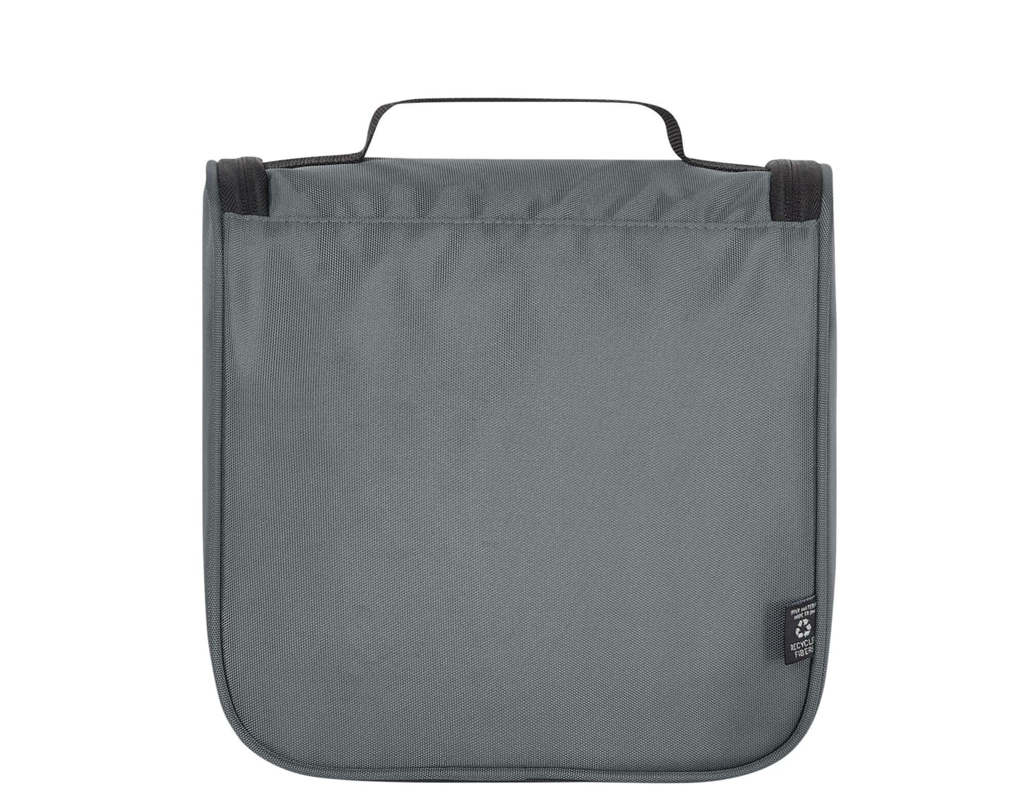 A grey toiletry bag featuring a handle and a logo, with a simple, clean design.