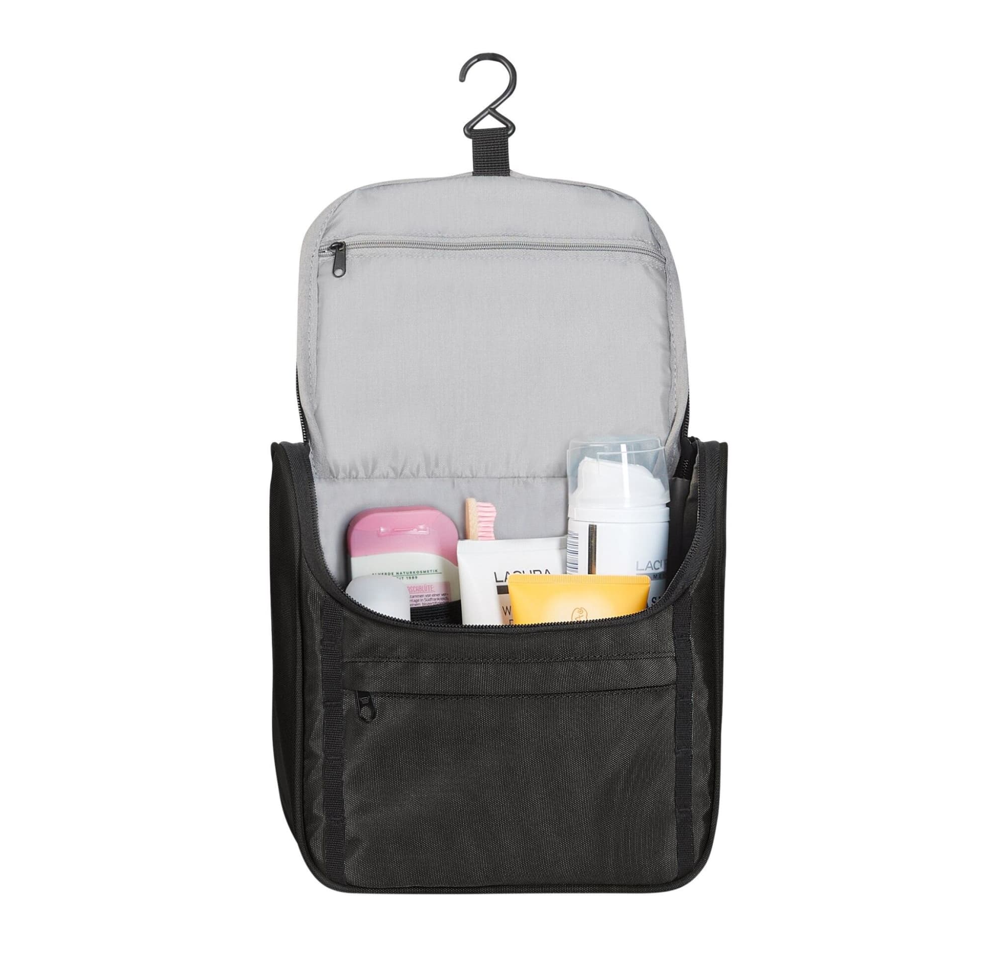 A black toiletry bag containing various personal care products, with a hanger for easy access.