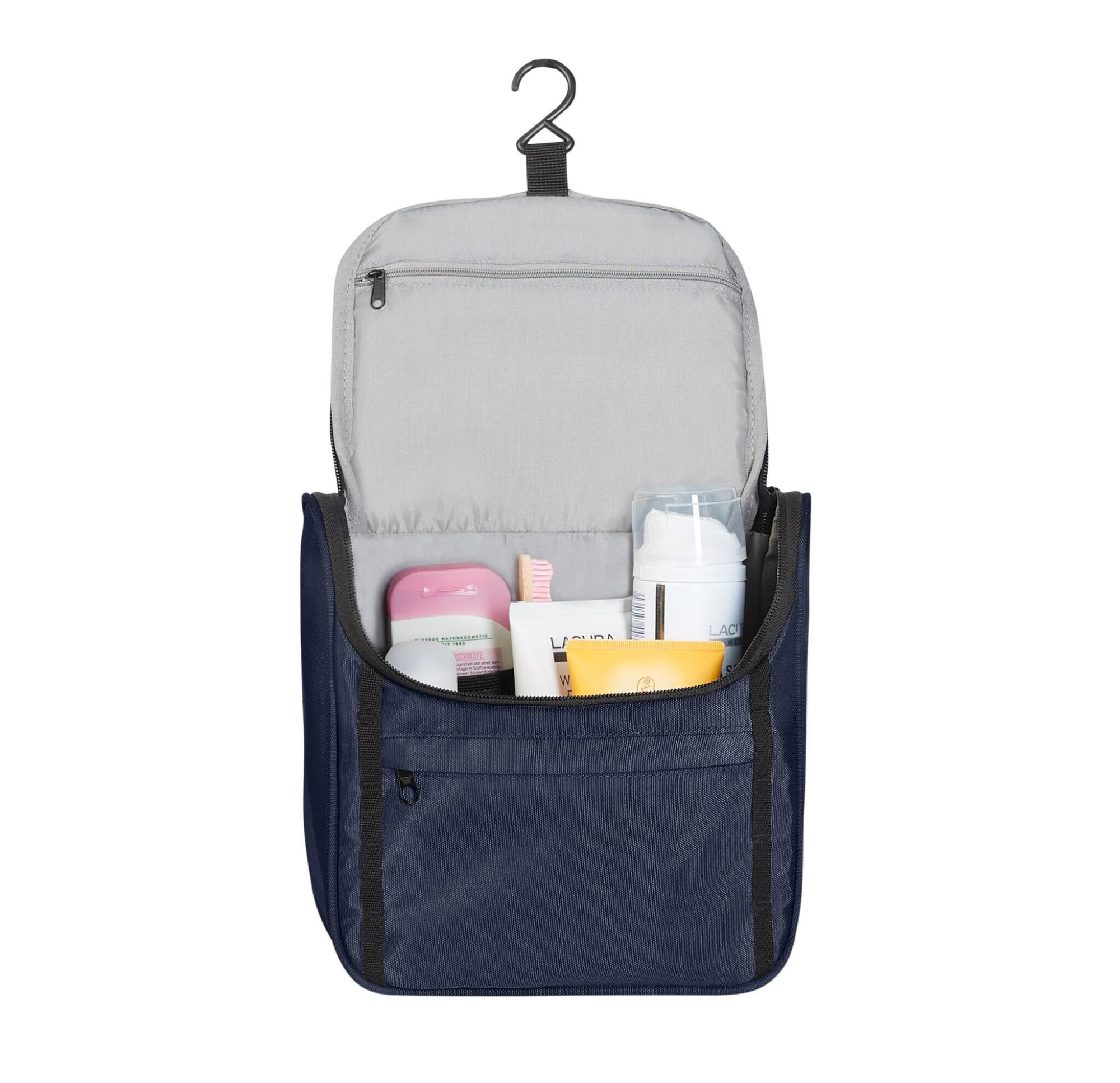 A navy toiletry bag with a hanger, featuring various personal care products and a zippered compartment.