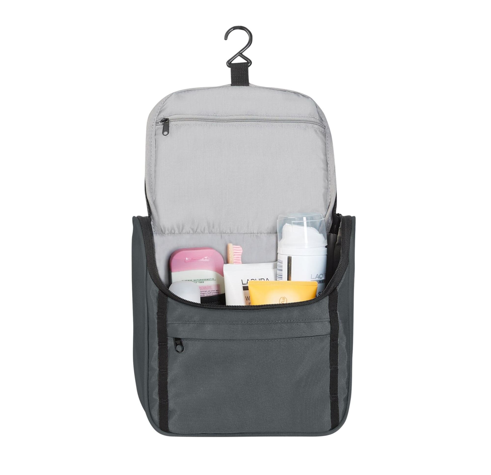 A grey flex wash bag featuring a hook and various toiletry items visible inside, including bottles and a comb.