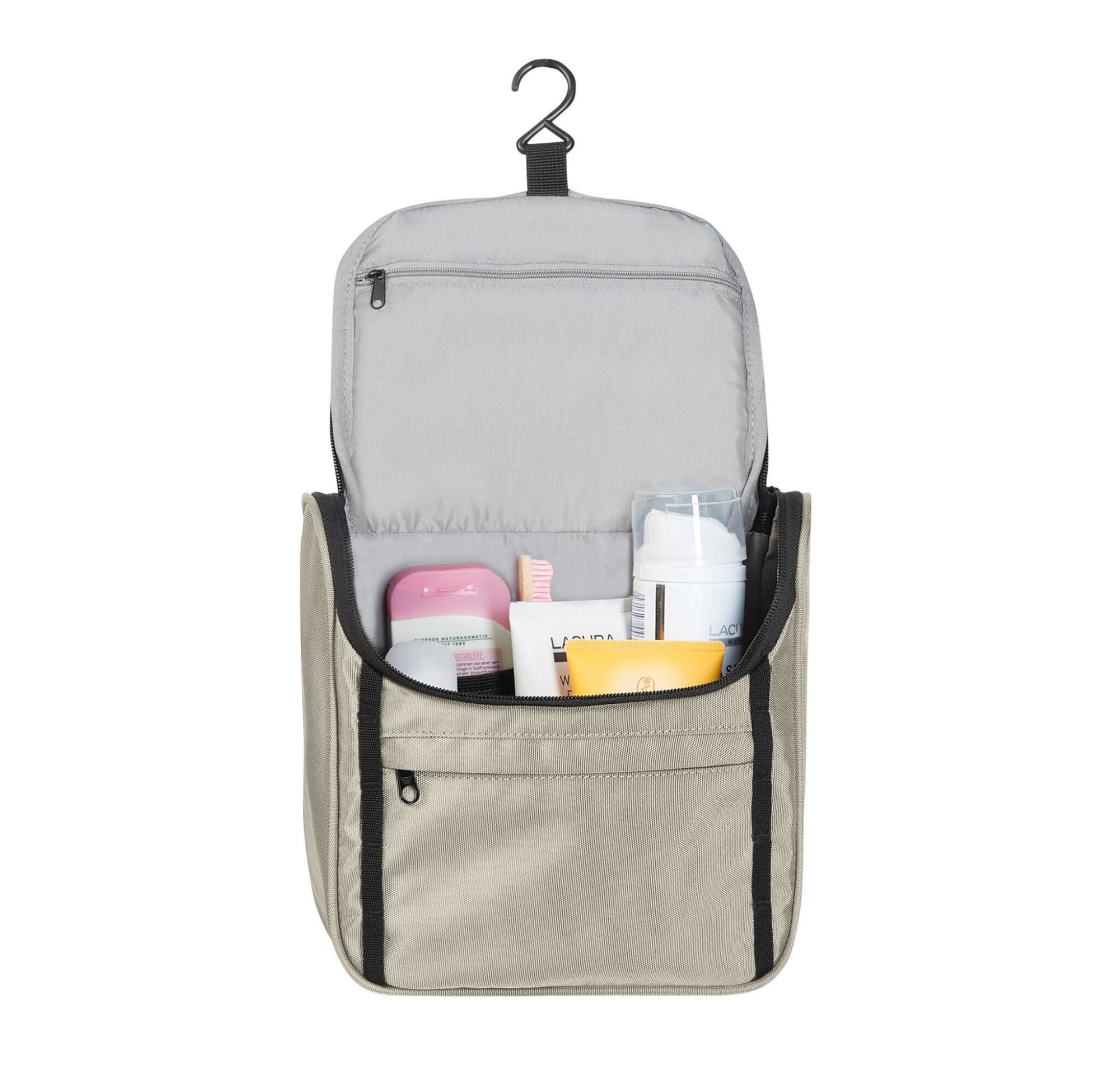 A toiletry bag in beige with a hook, featuring various personal care items inside. It has one zippered section.