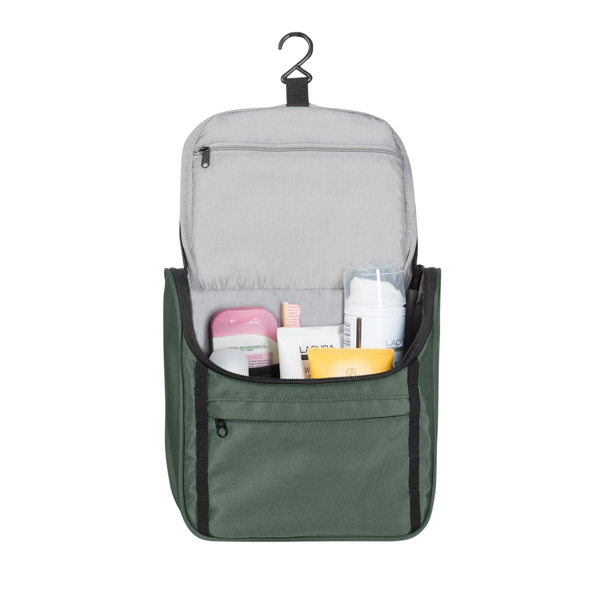 A green toiletry bag with a hook, filled with various personal care products and a zippered compartment.