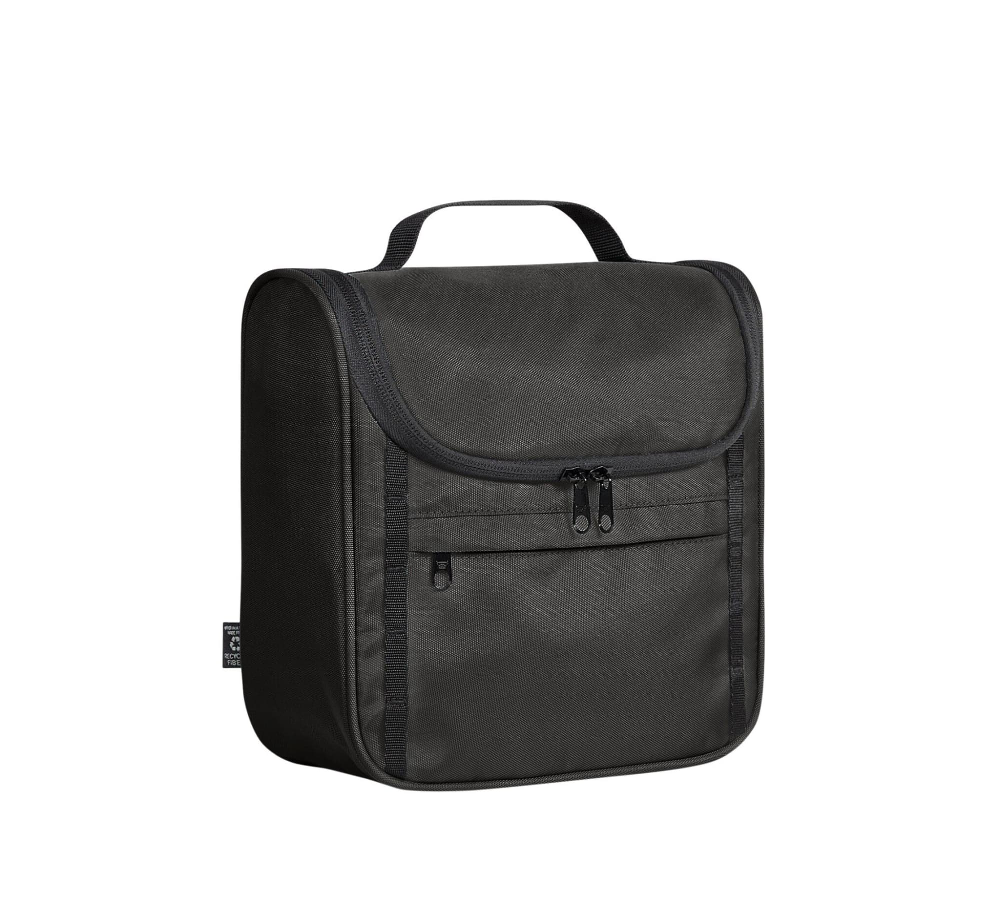A black toiletry bag with a zippered front pocket and a handle on top, featuring a logo.
