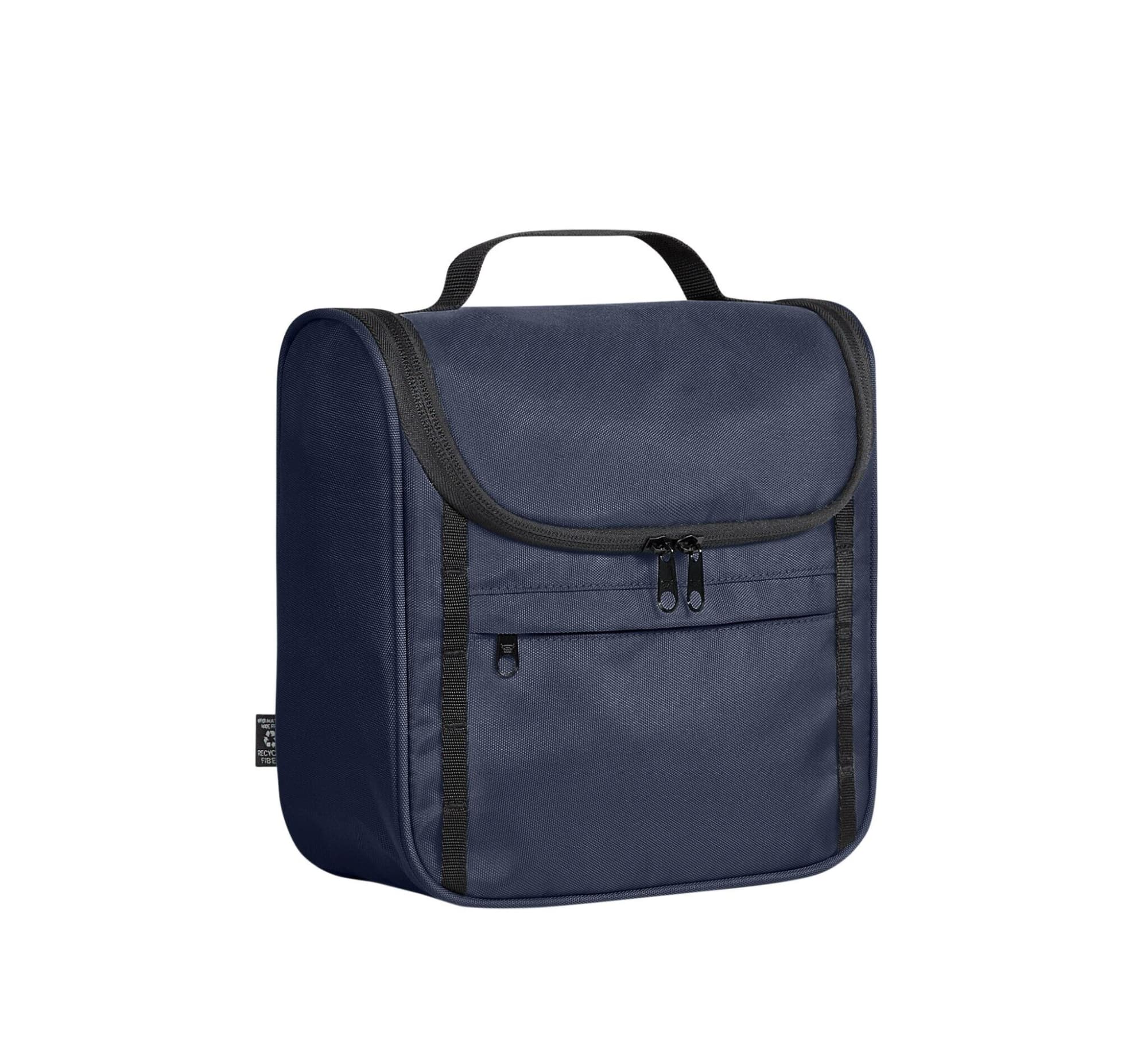 A navy toiletry bag with a zippered front pocket and a handle at the top, featuring branding on the side.