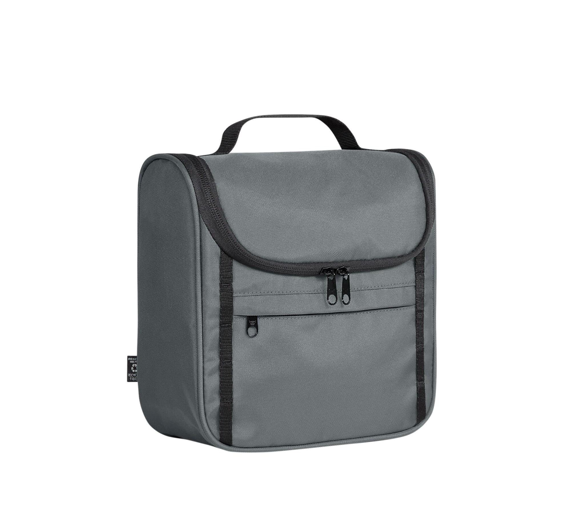 A grey toiletry bag with a front zip pocket and a carrying handle, featuring a branded logo.