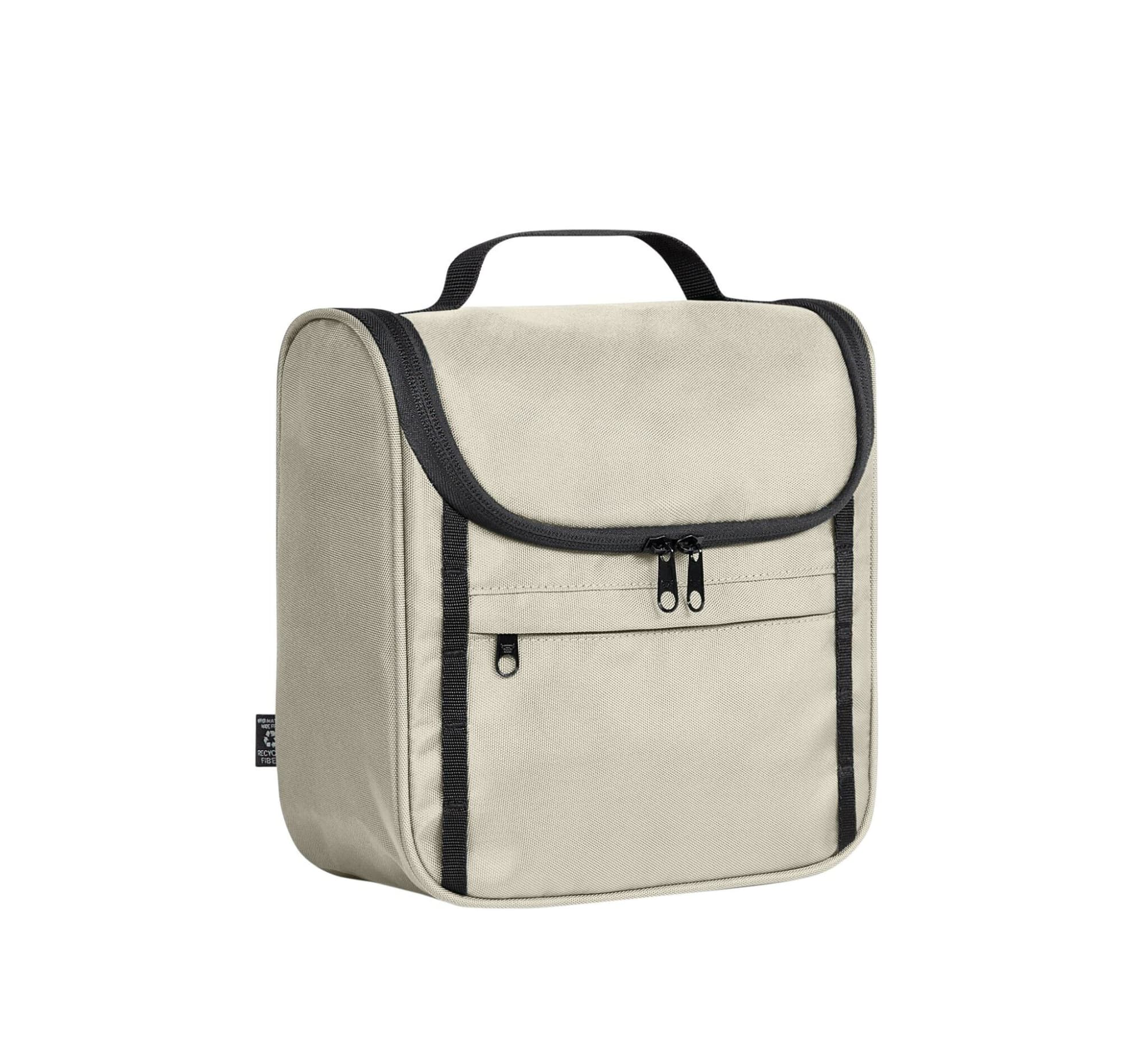 A beige toiletry bag with a zipped front pocket, featuring a handle and black accents, and a subtle logo.