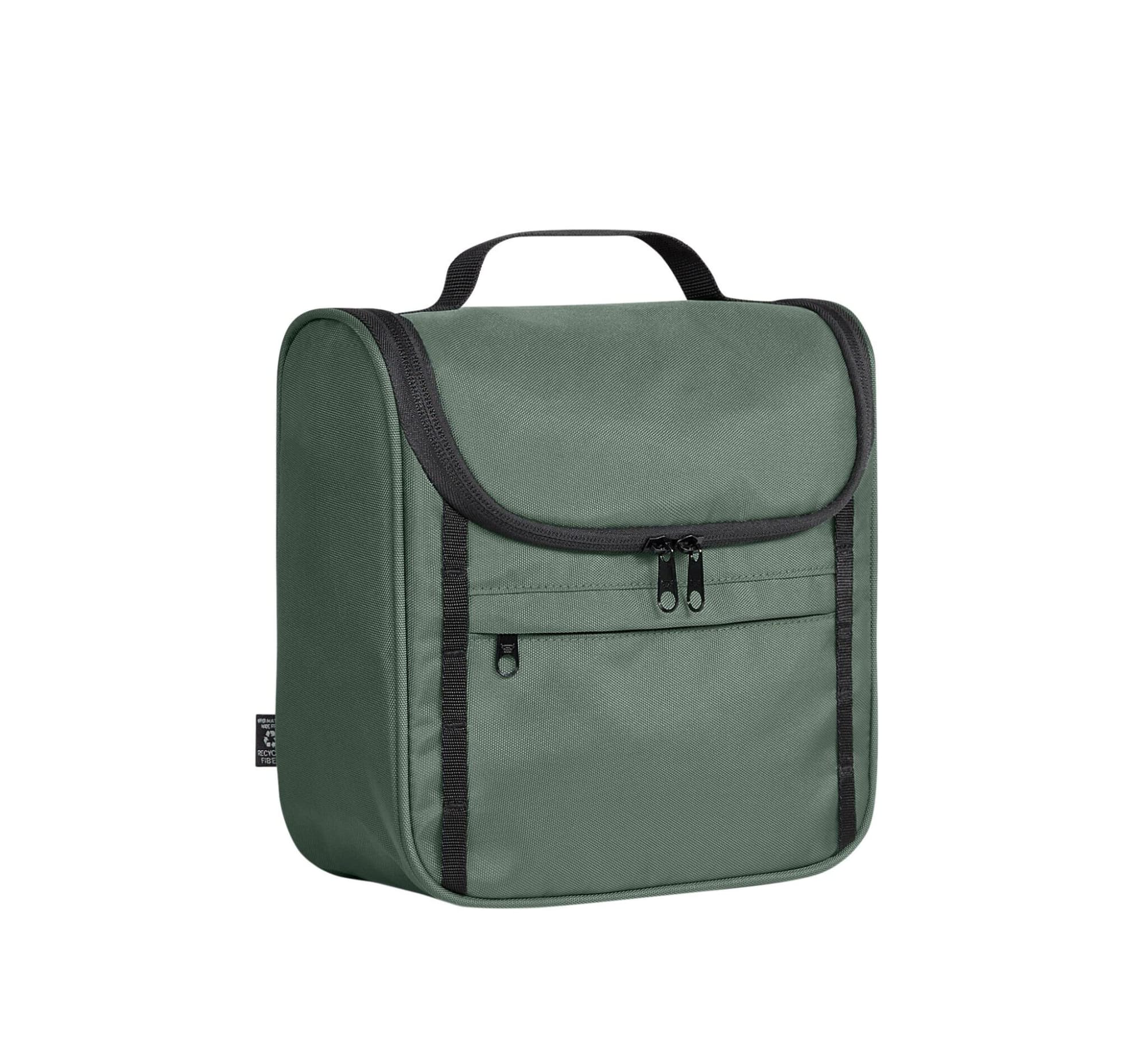 A green Flex Wash Bag with a zippered front pocket, featuring a handle on top and a logo.