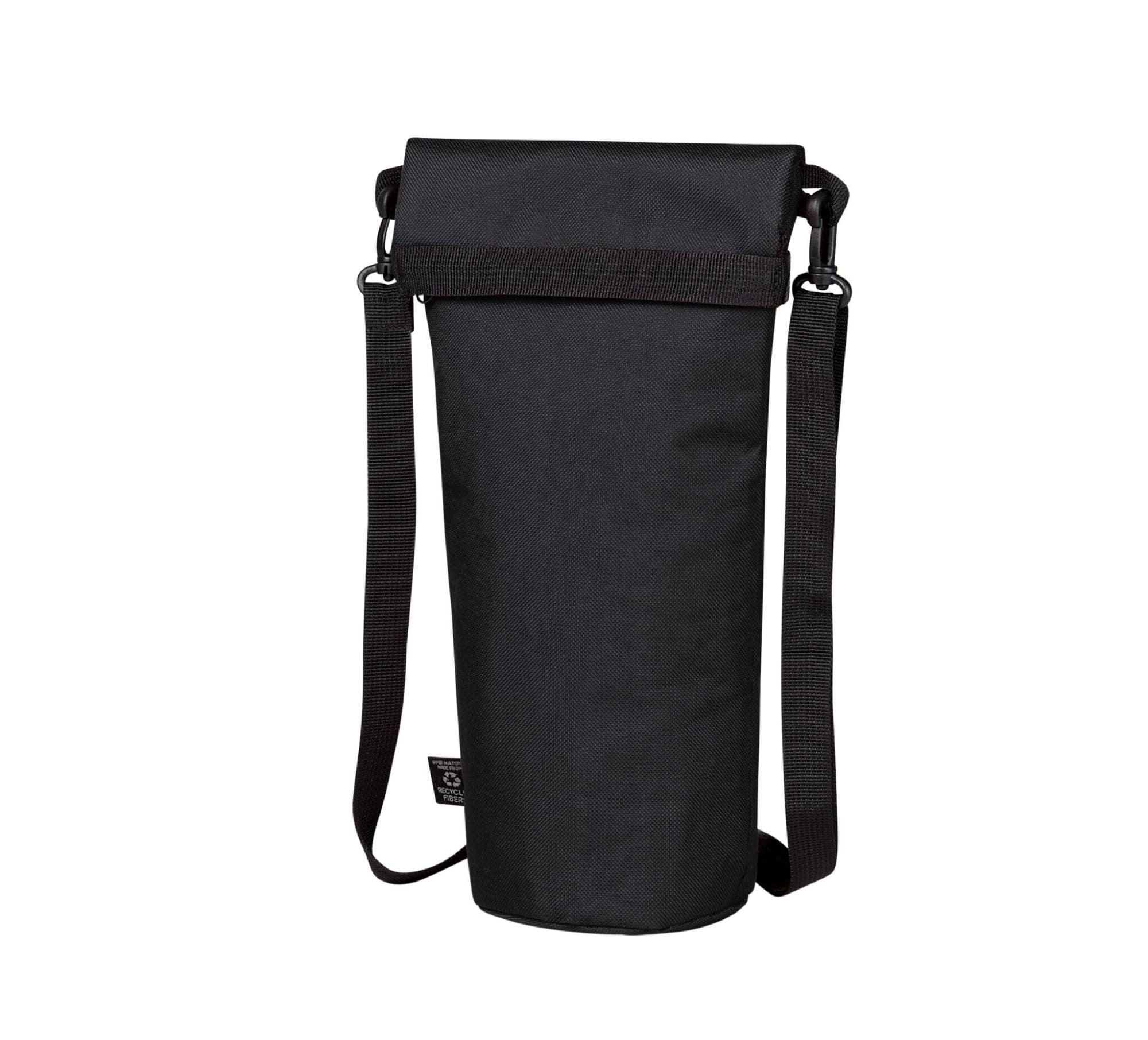 A drink bottle thermo bag in black with a strap and a roll-top closure. The bag features a logo.