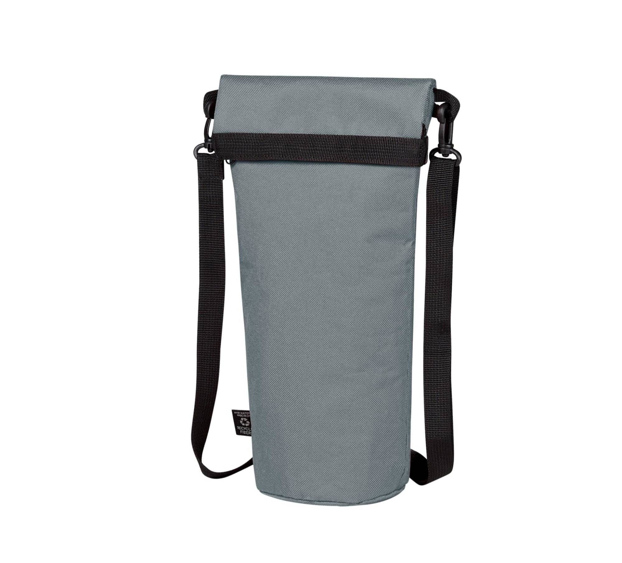 A drink bottle thermos bag in grey, featuring a black strap and closure system, designed for insulation.